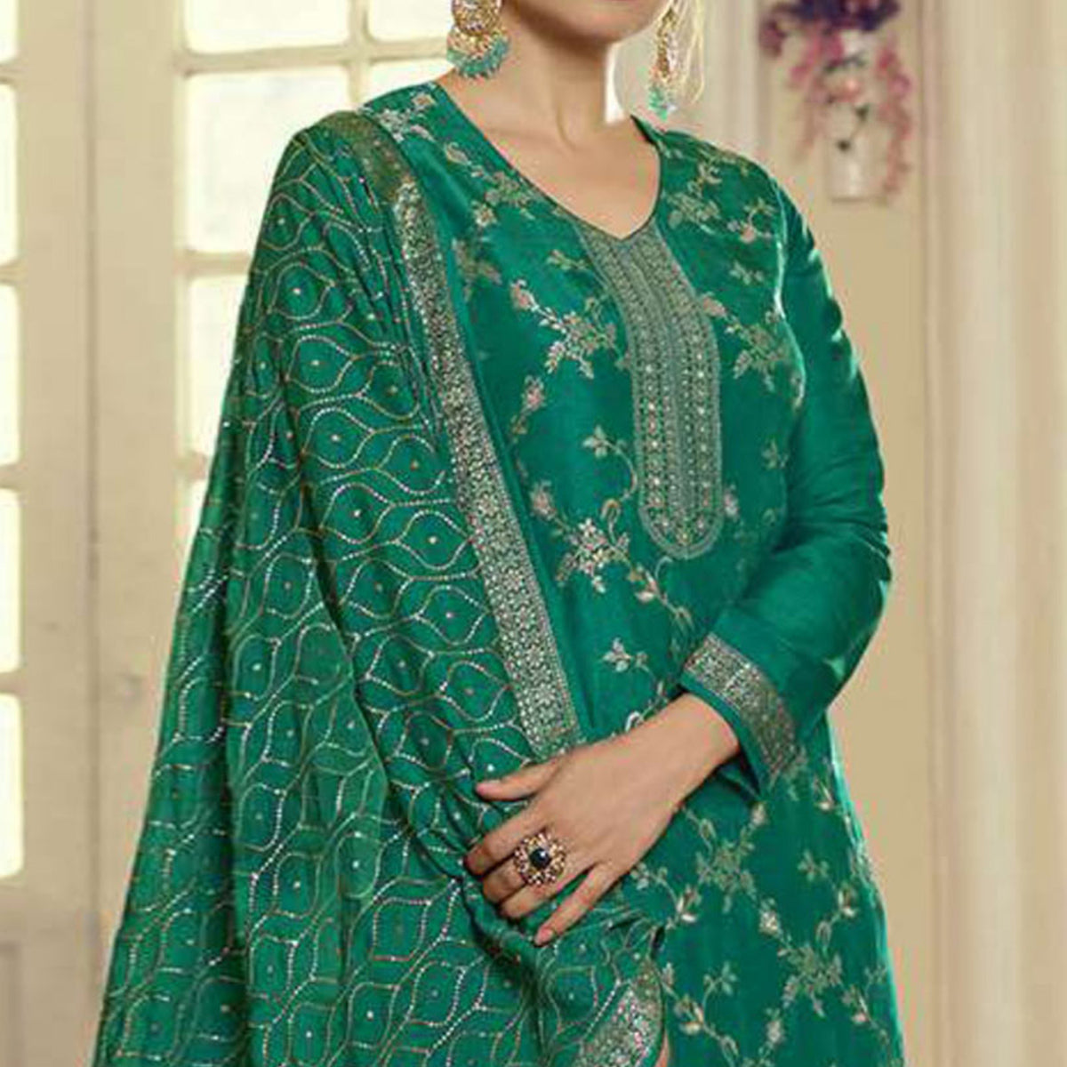 Green Embroidered Dola Silk Palazzo Suit