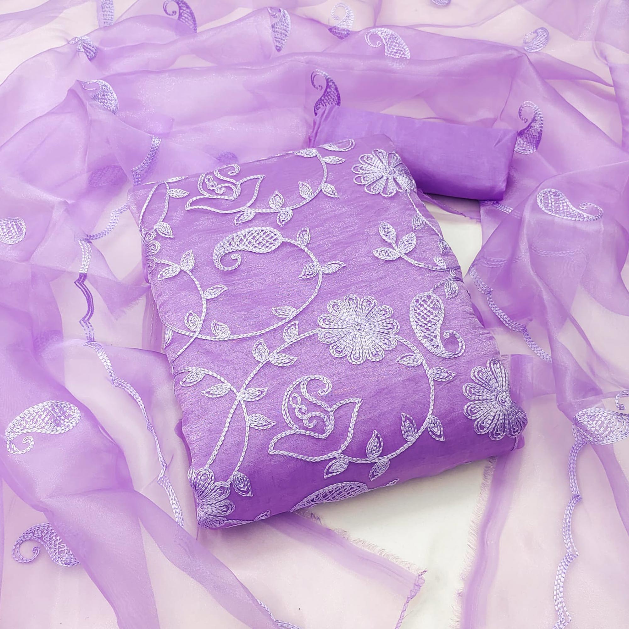 Purple Floral Embroidered Organza Dress Material