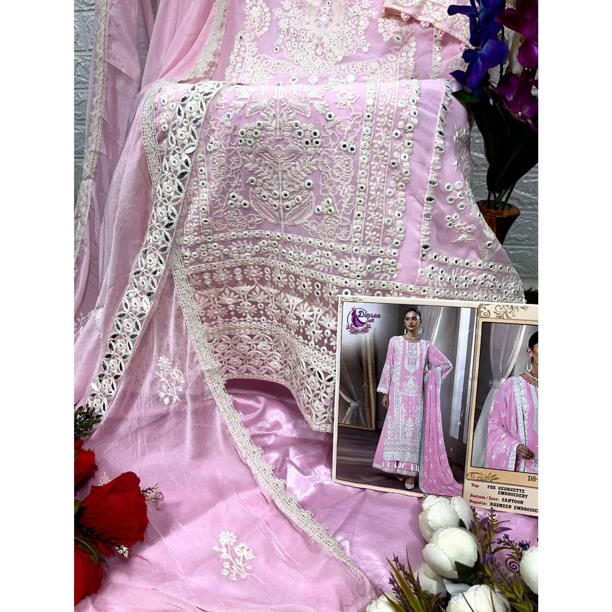 Pink Floral Embroidered Georgette Pakistani Suit