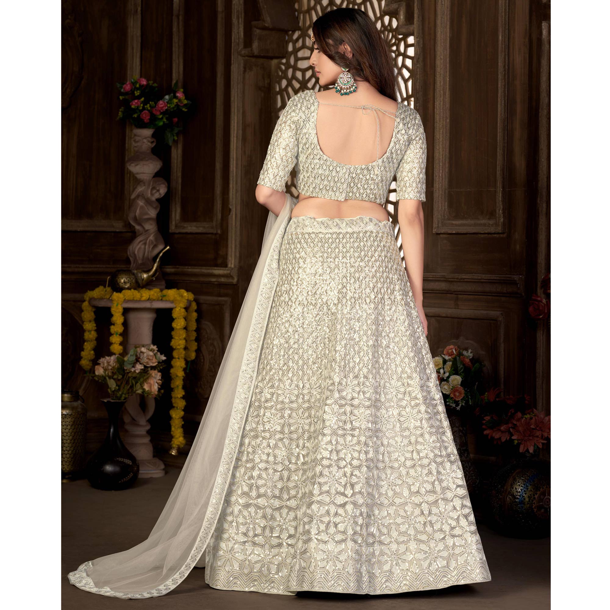 Cream Sequins Embroidered Net Lehenga Choli