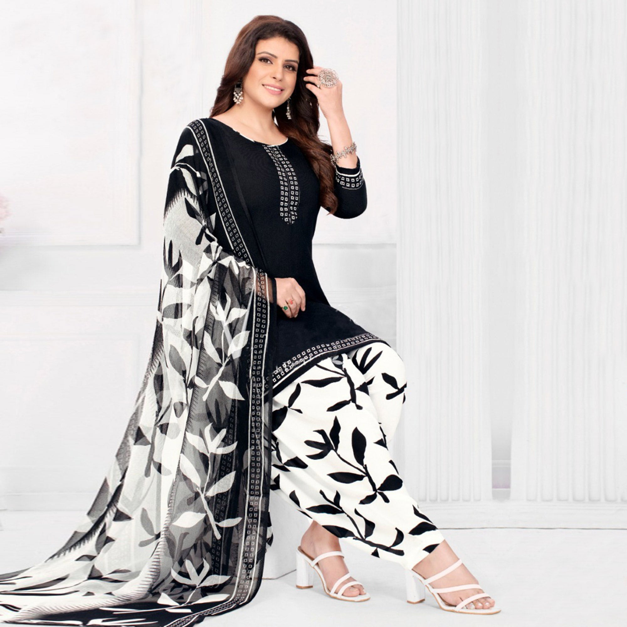 Black Printed Crepe Patiala Dress Material