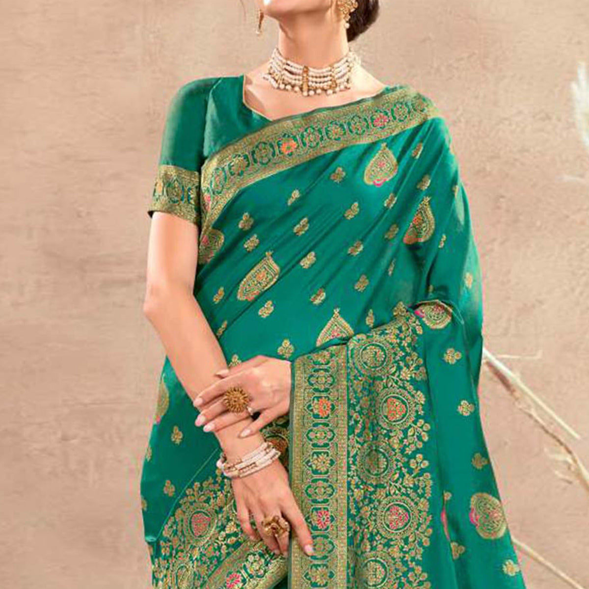 Rama Green Floral Woven Art Silk Saree