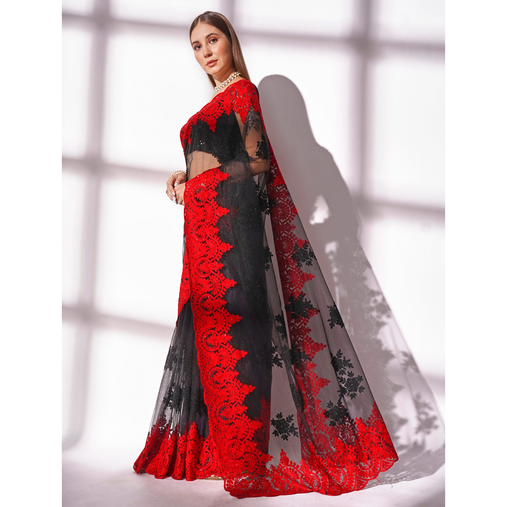 Black Floral Embroidered Net Saree