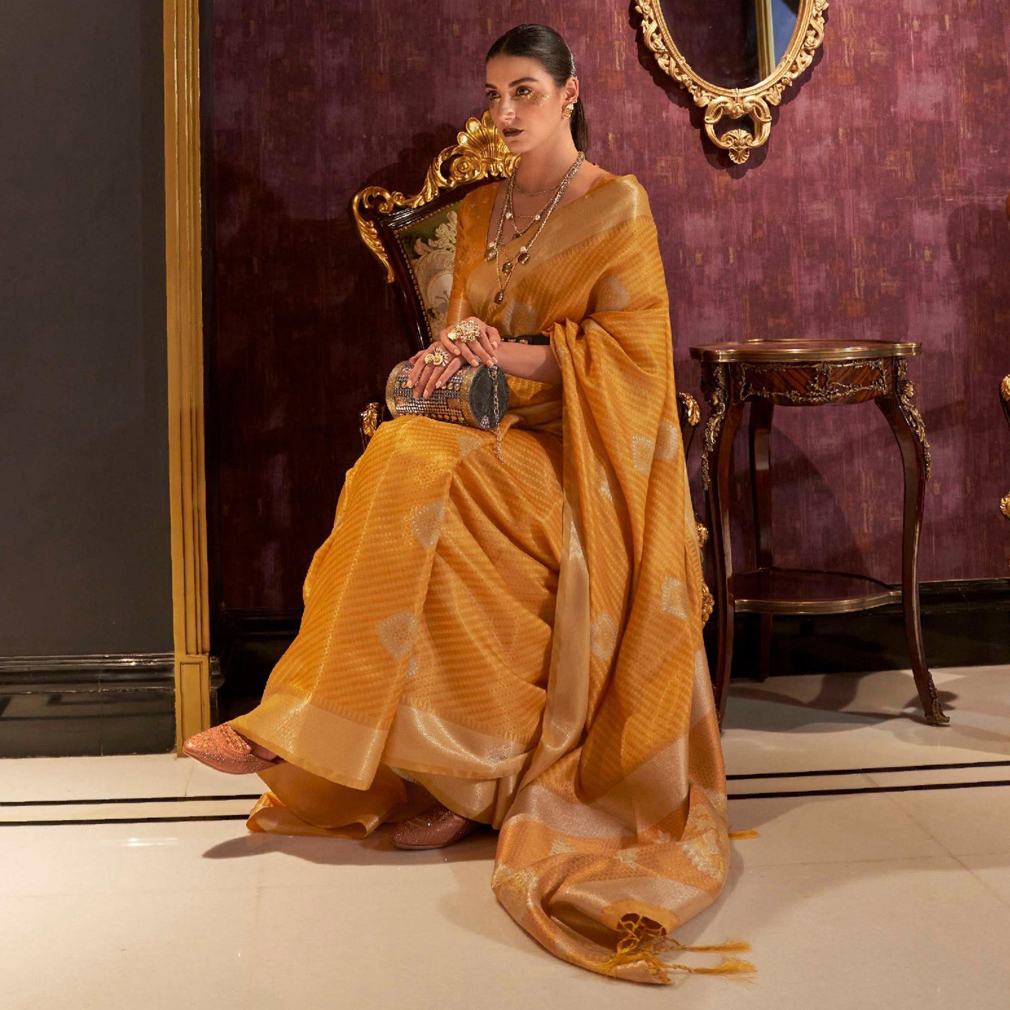 Mustard Woven Art Silk Saree With Tassels