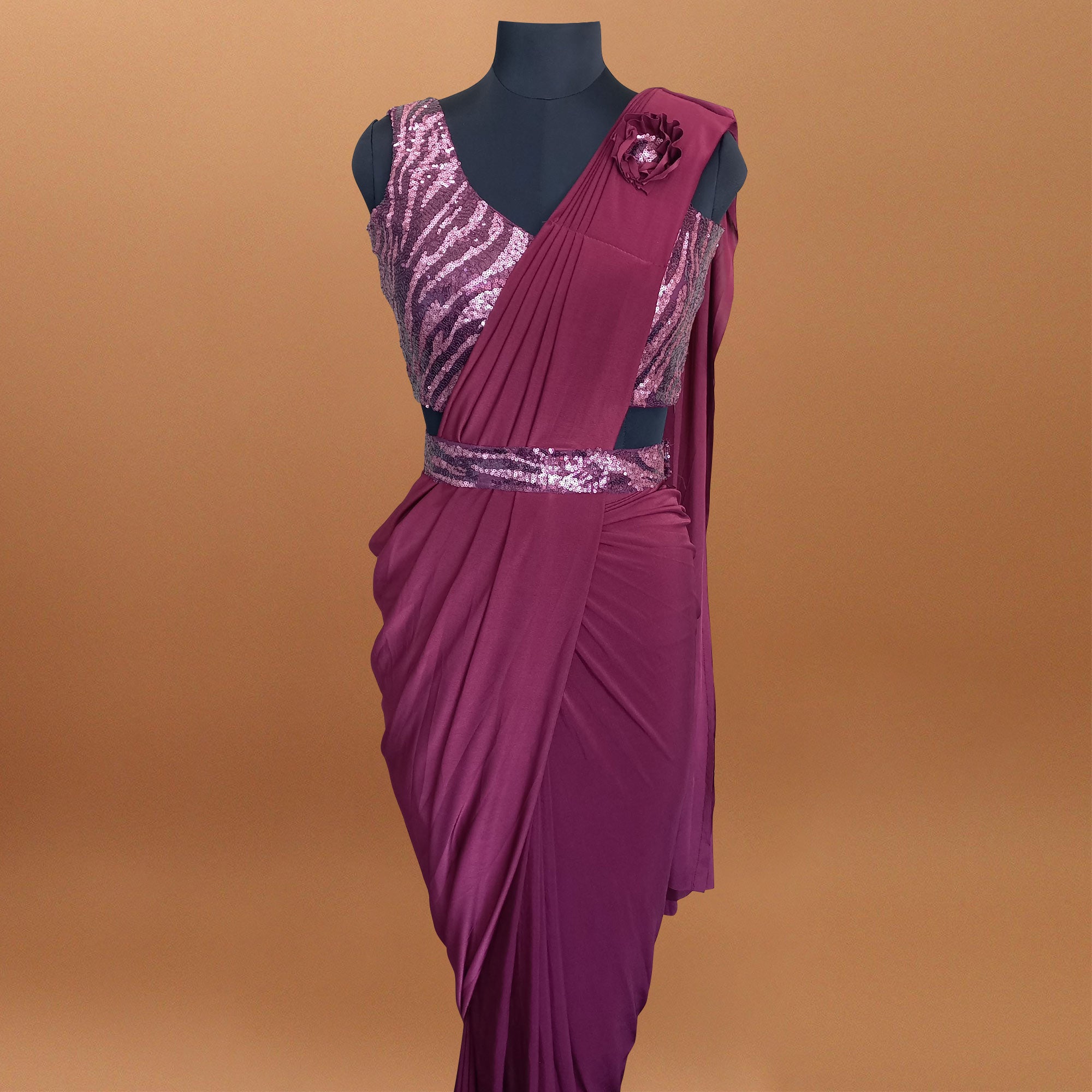 Wine Solid With Sequins Ready to Wear Lycra Saree