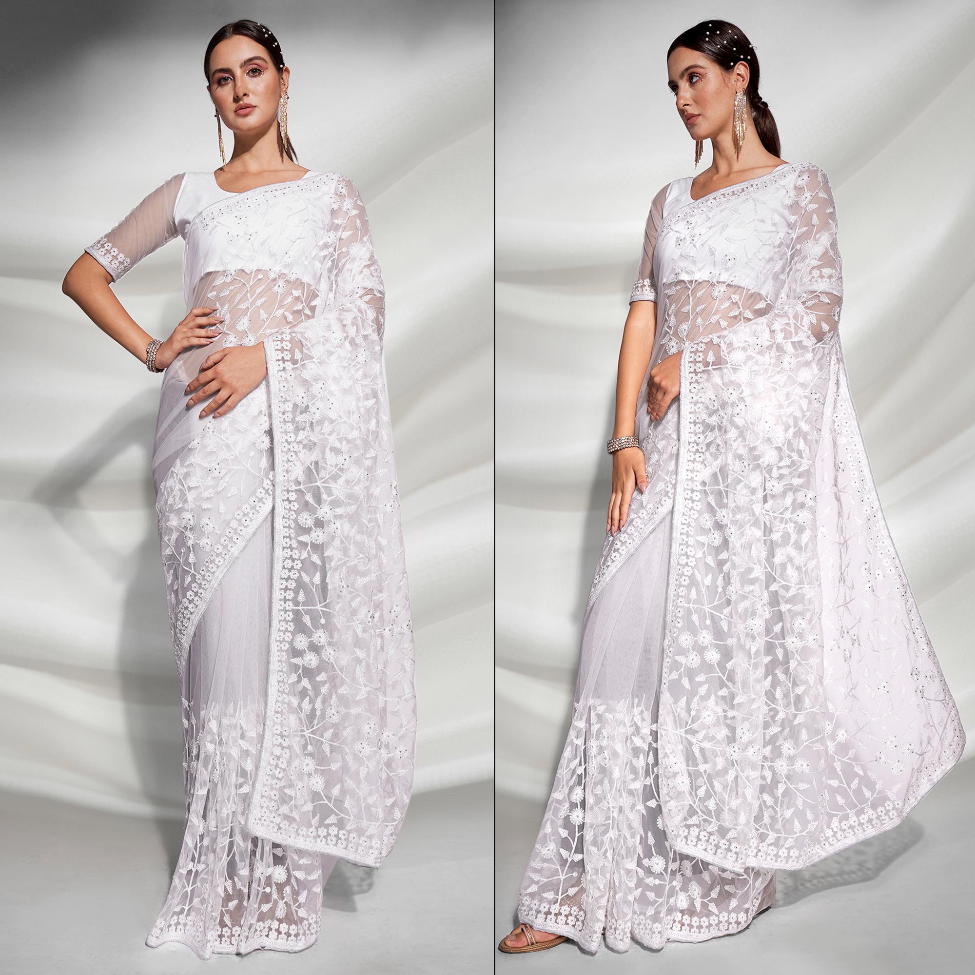 White Floral Embroidered Soft Net Saree