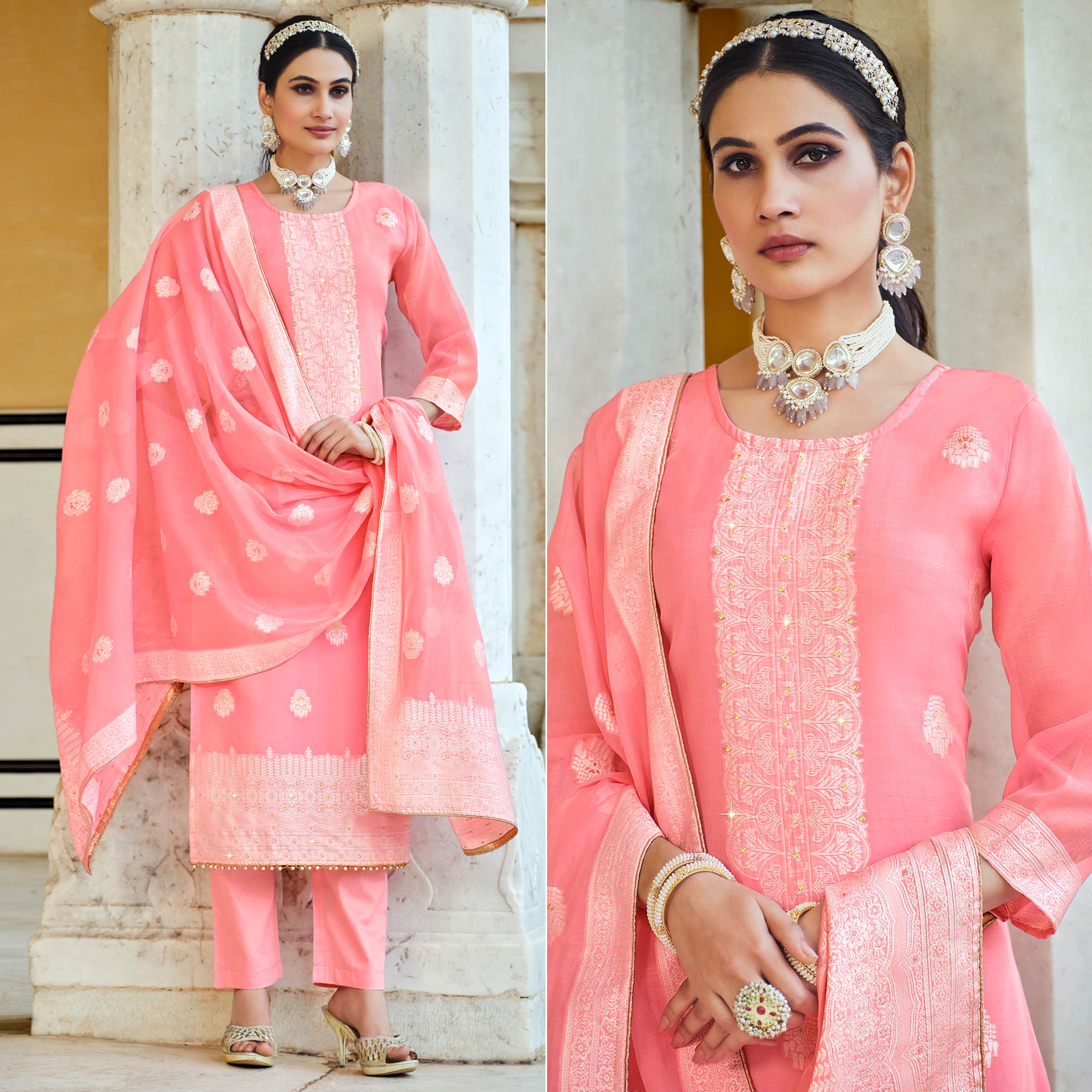 Pink Woven Pure Cotton Suit