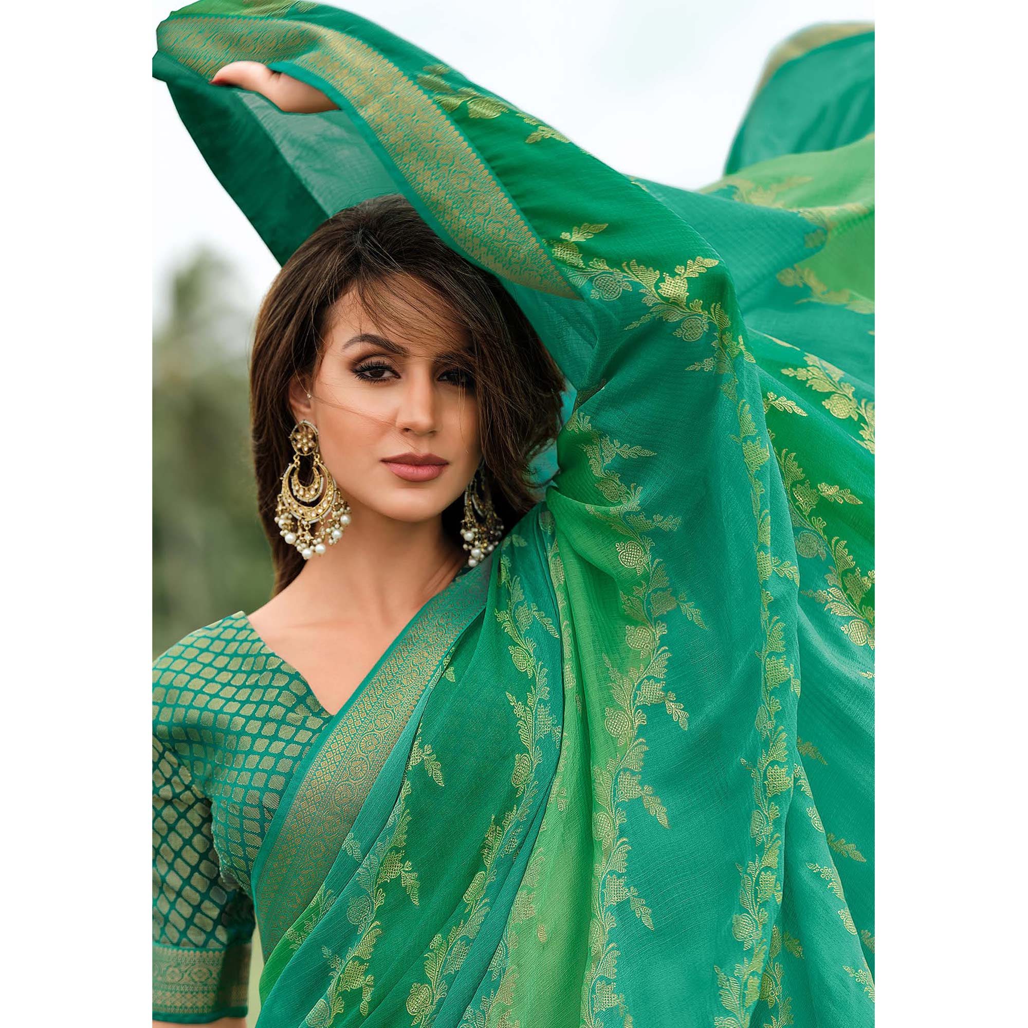 Rama Green Foil Printed Chiffon Saree