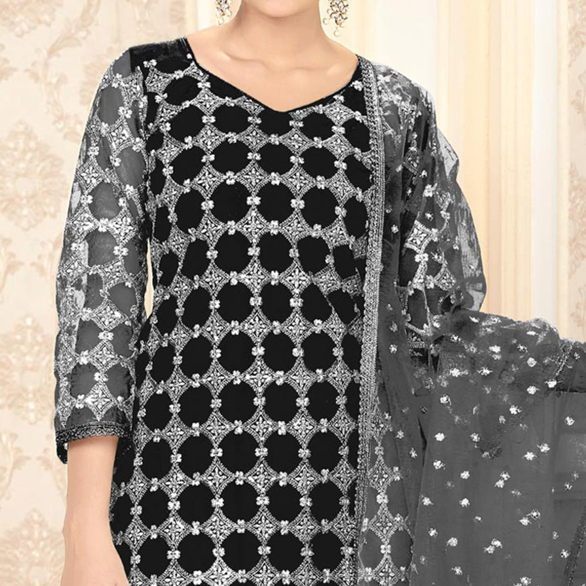 Black Sequins Embroidered Net Semi Stitched Suit