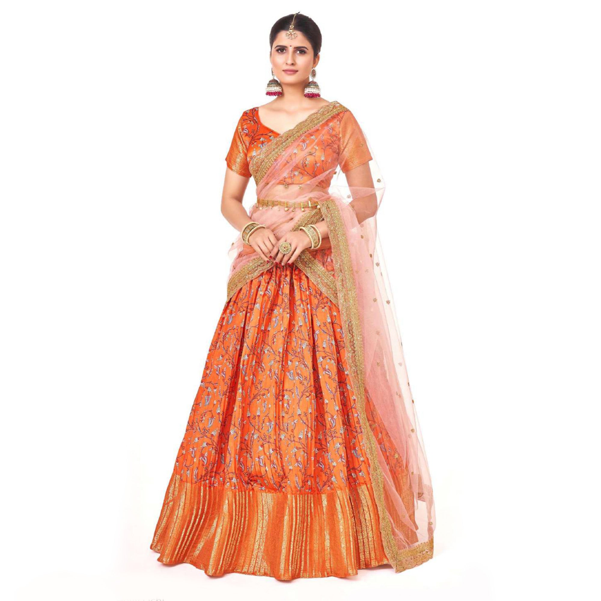 Orange Digital Printed With Zari Work Art Silk Lehenga Choli
