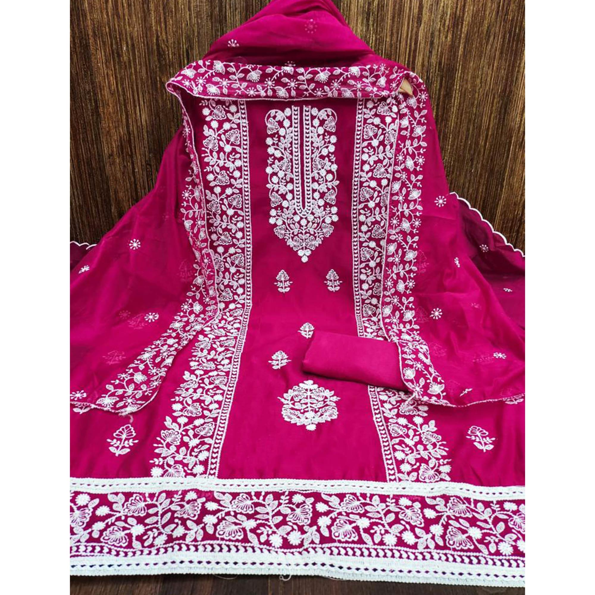 Rani Pink Floral Embroidered Chanderi Dress Material