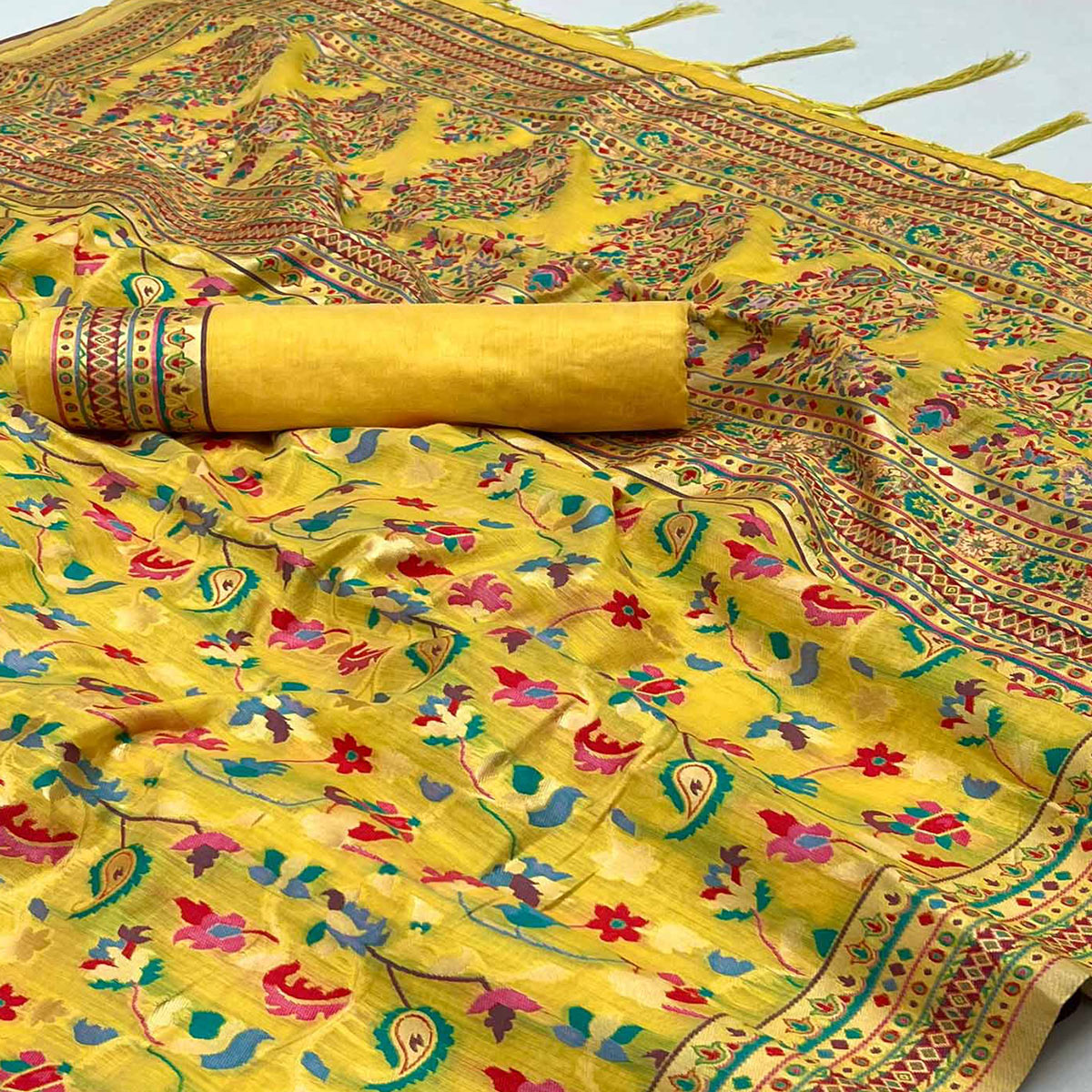 Yellow Floral Woven Chanderi Saree