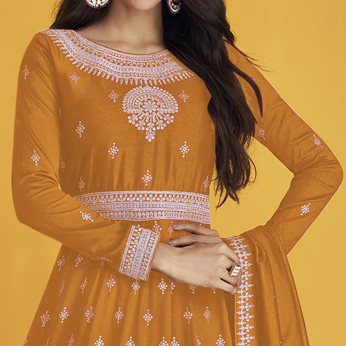 Yellow Orange Sequins Embroidered Georgette Semi Stitched Anarkali Suit