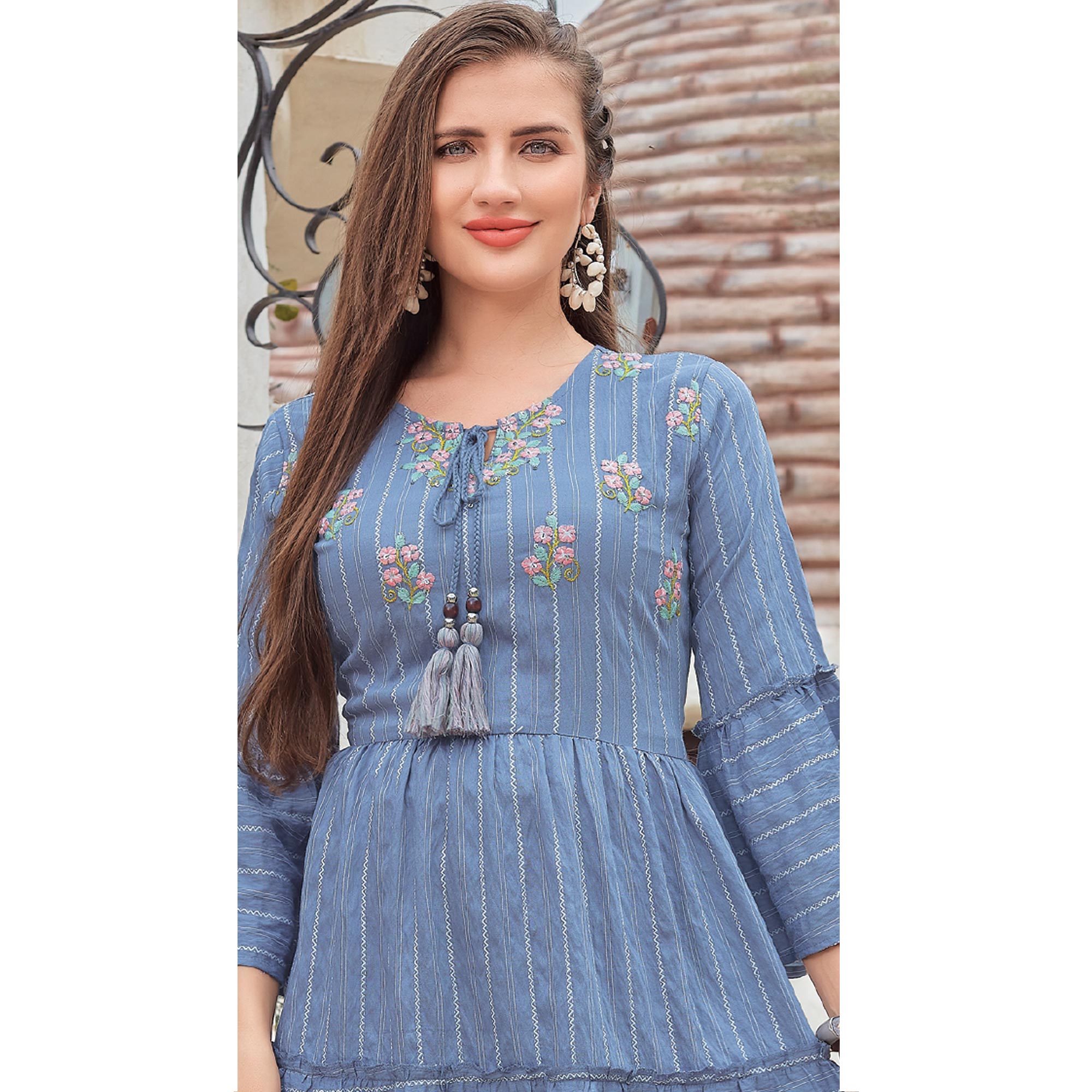 Blue Floral Embroidered Rayon Dress