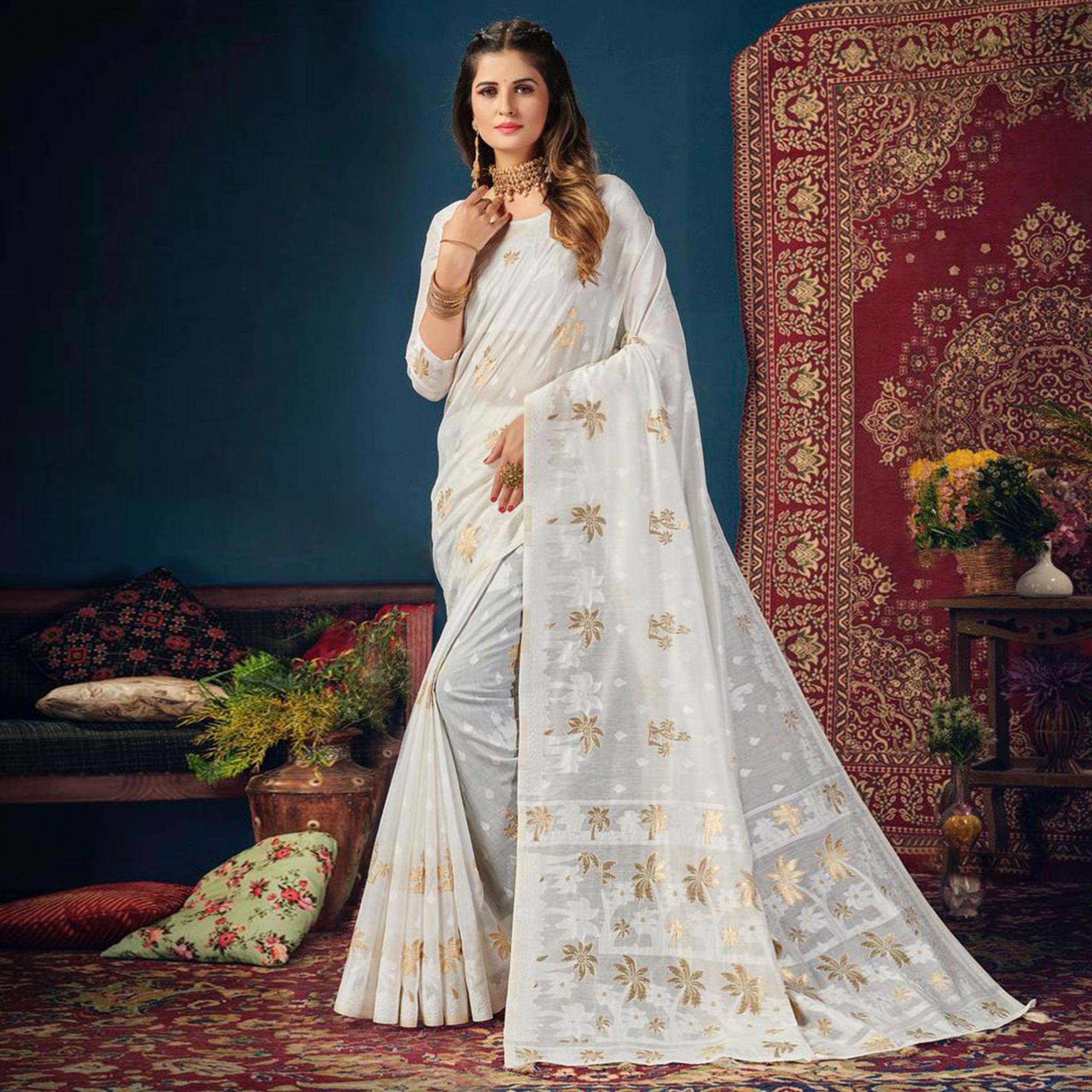 White Woven Cotton Blend Saree With Tassels