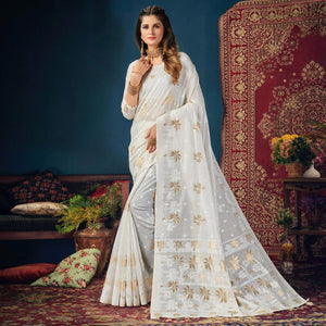 White Woven Cotton Blend Saree With Tassels