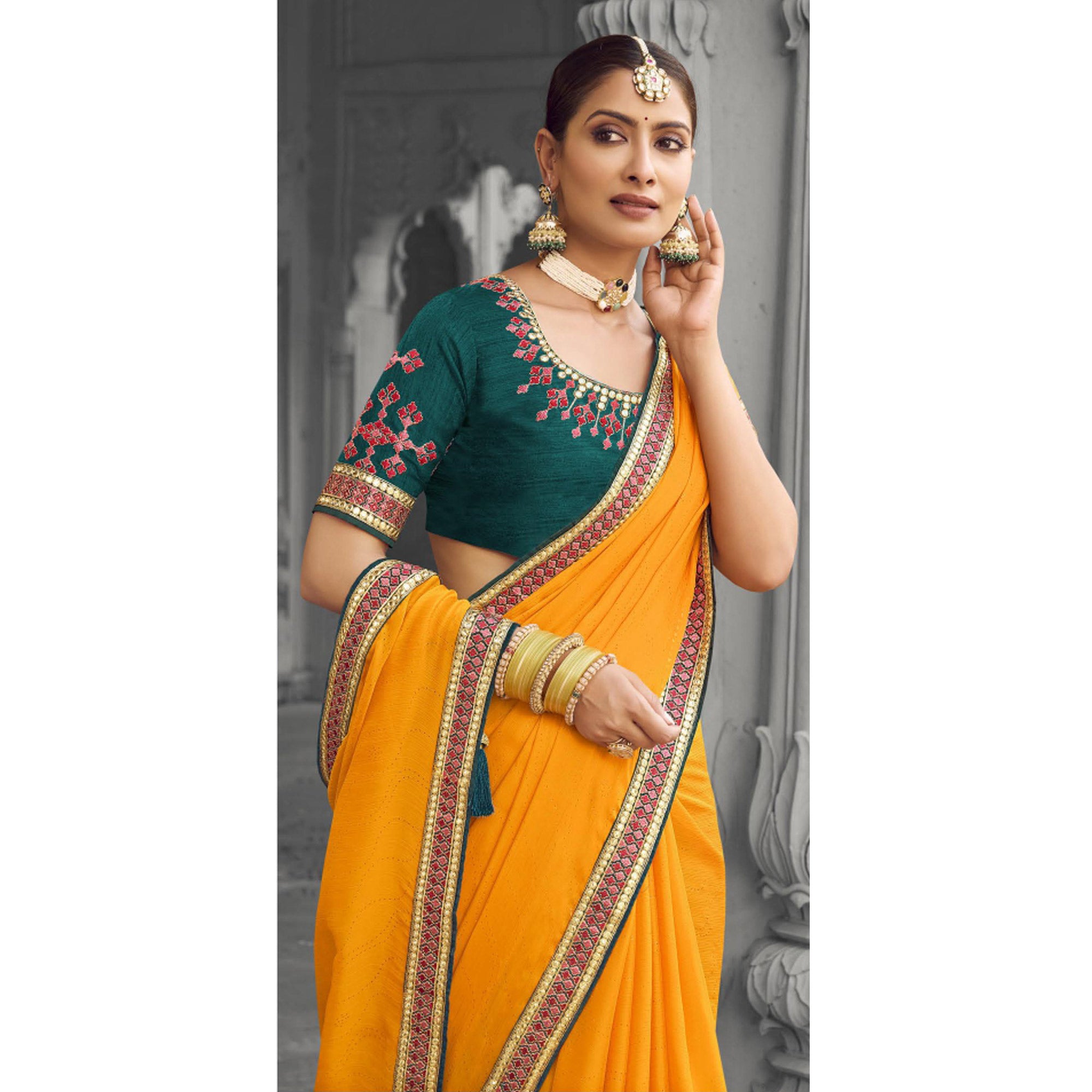 Mustard Embellished With Embroidered Border Satin Saree