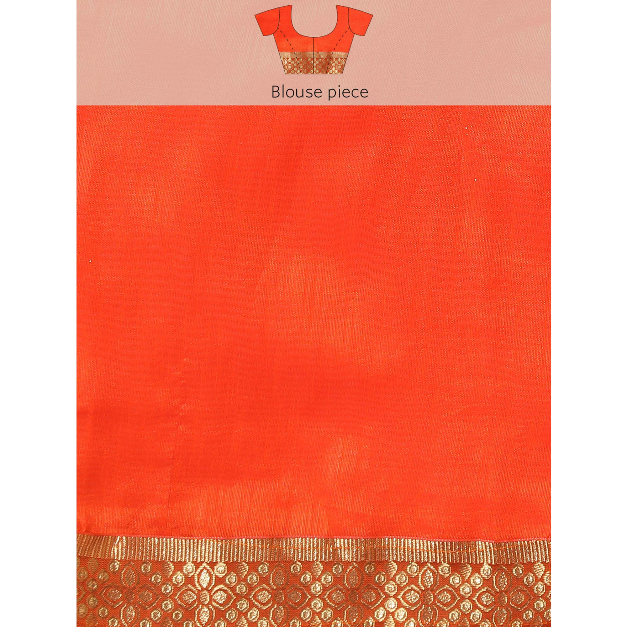 Orange Floral Foil Printed Vichitra Silk Saree