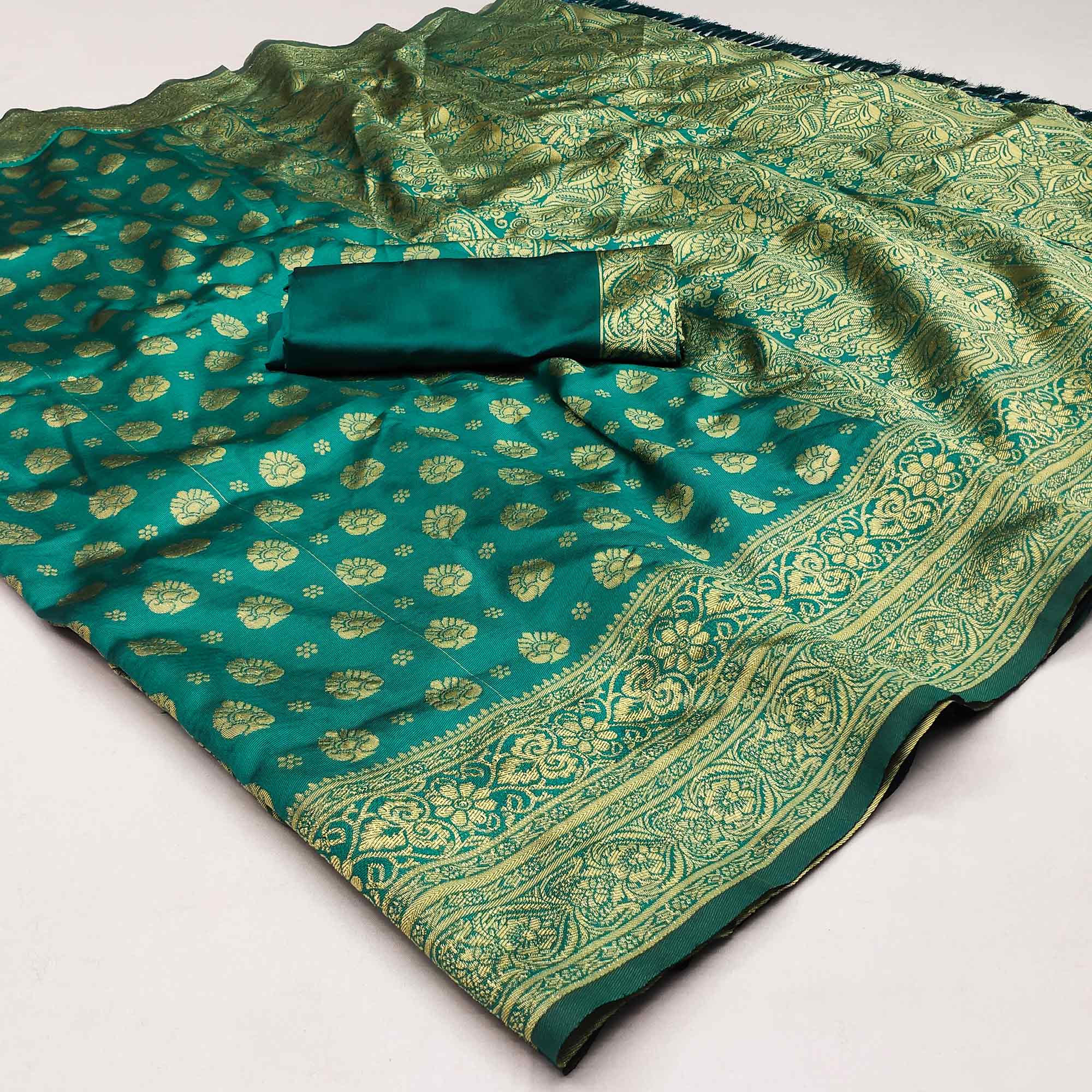 Rama Green Woven Jacquard Saree With Tassels