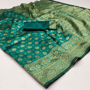 Rama Green Woven Jacquard Saree With Tassels