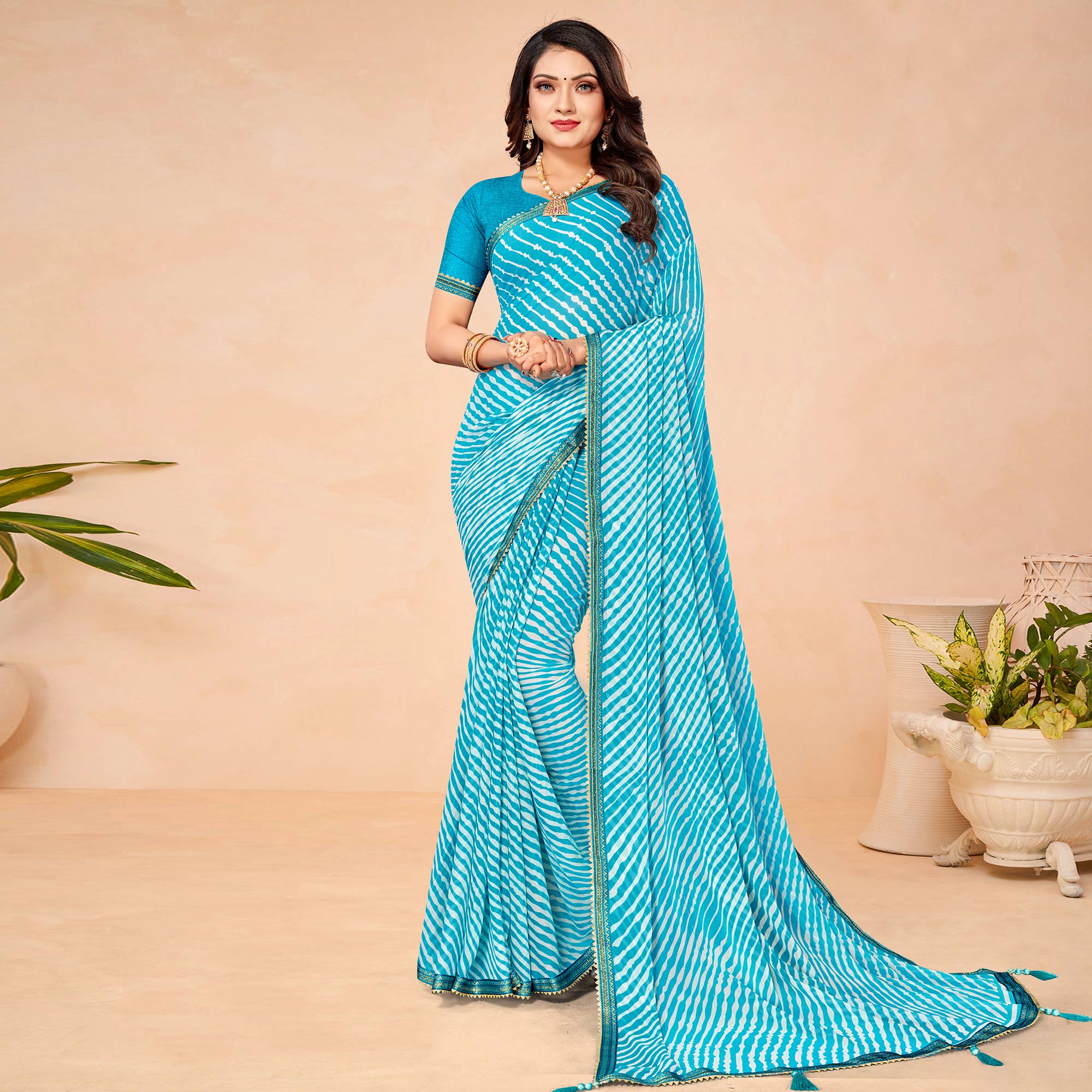 Light Blue Printed Chiffon Saree