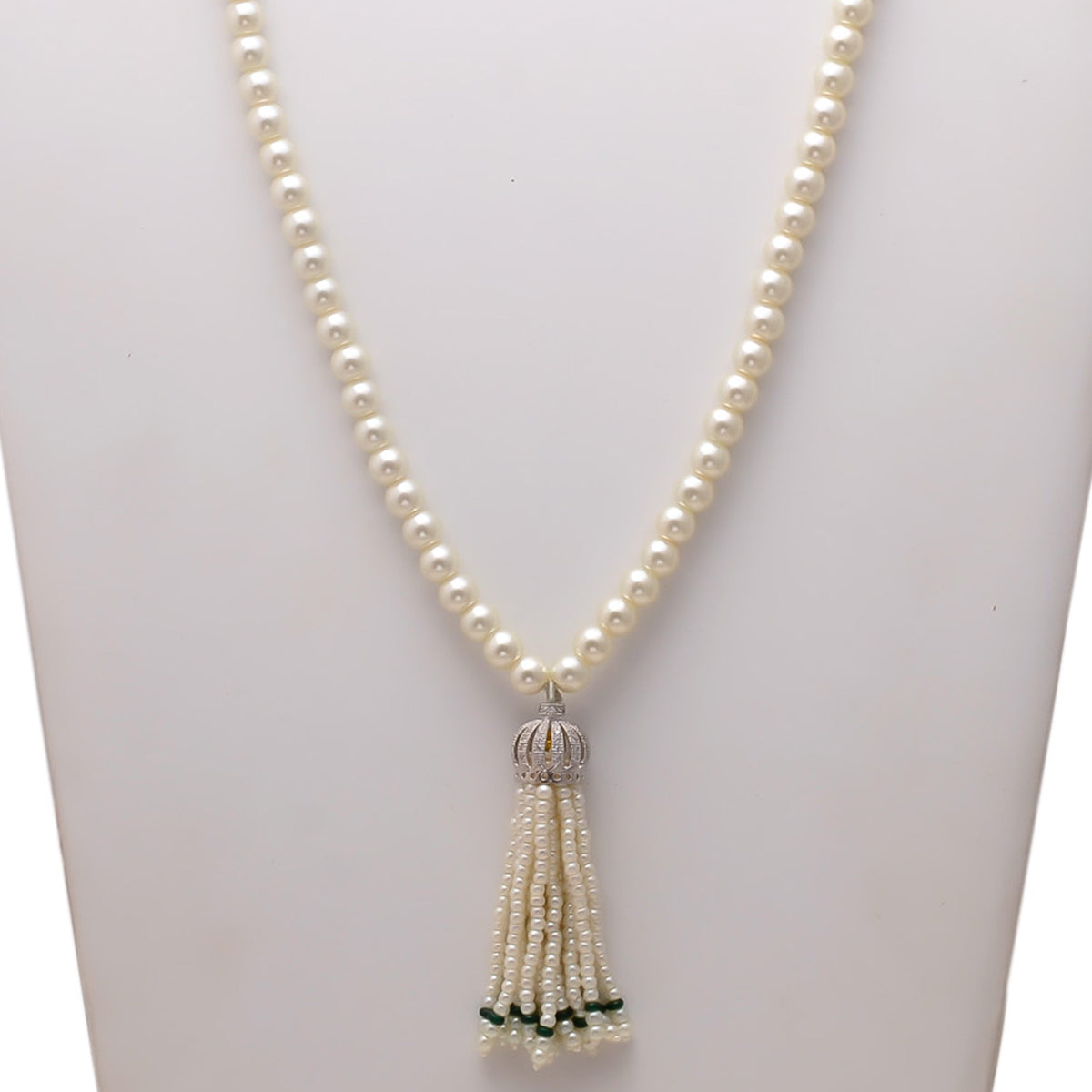 White Pearl Mala With Green Hangings