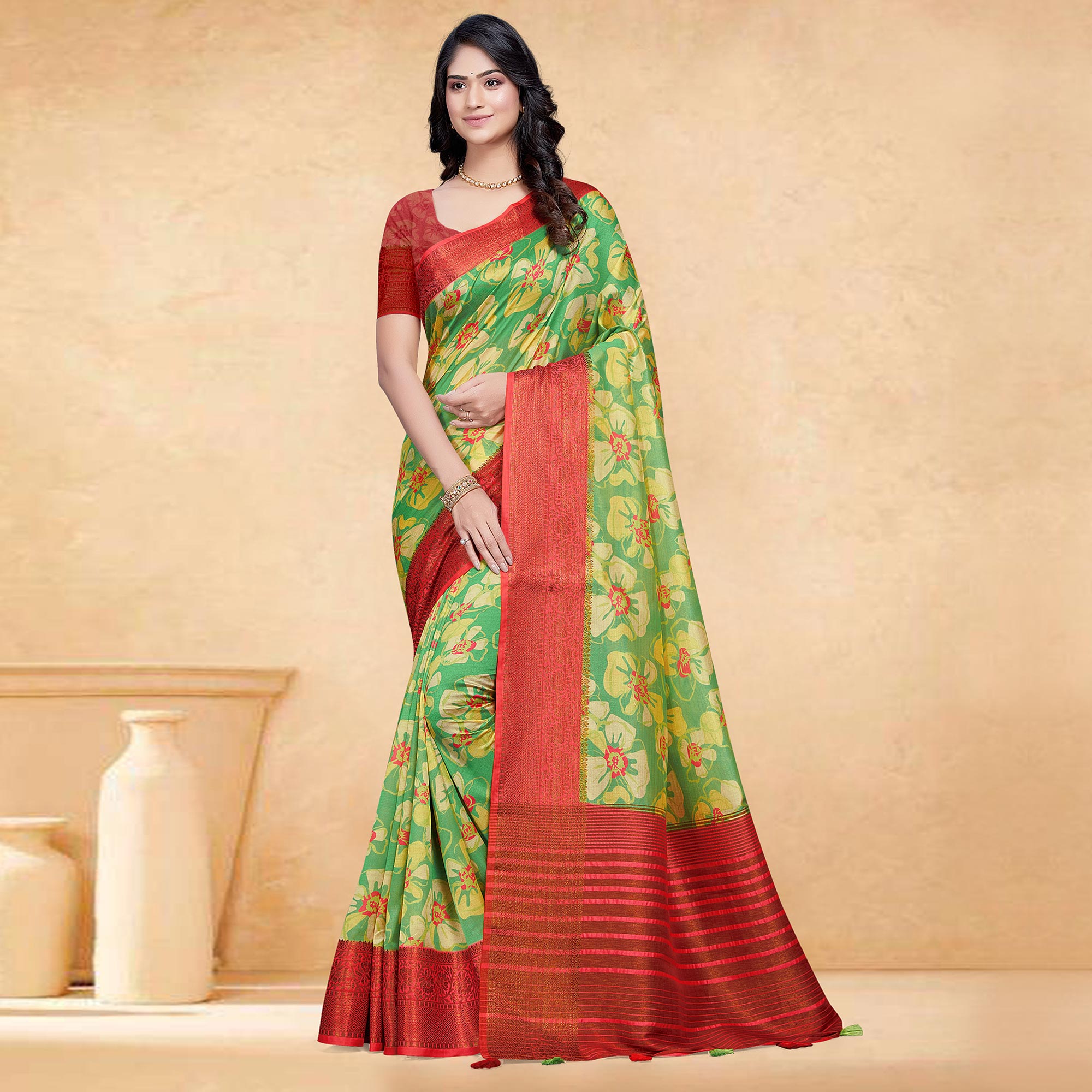 Green Floral Digital Printed Tussar Silk Saree