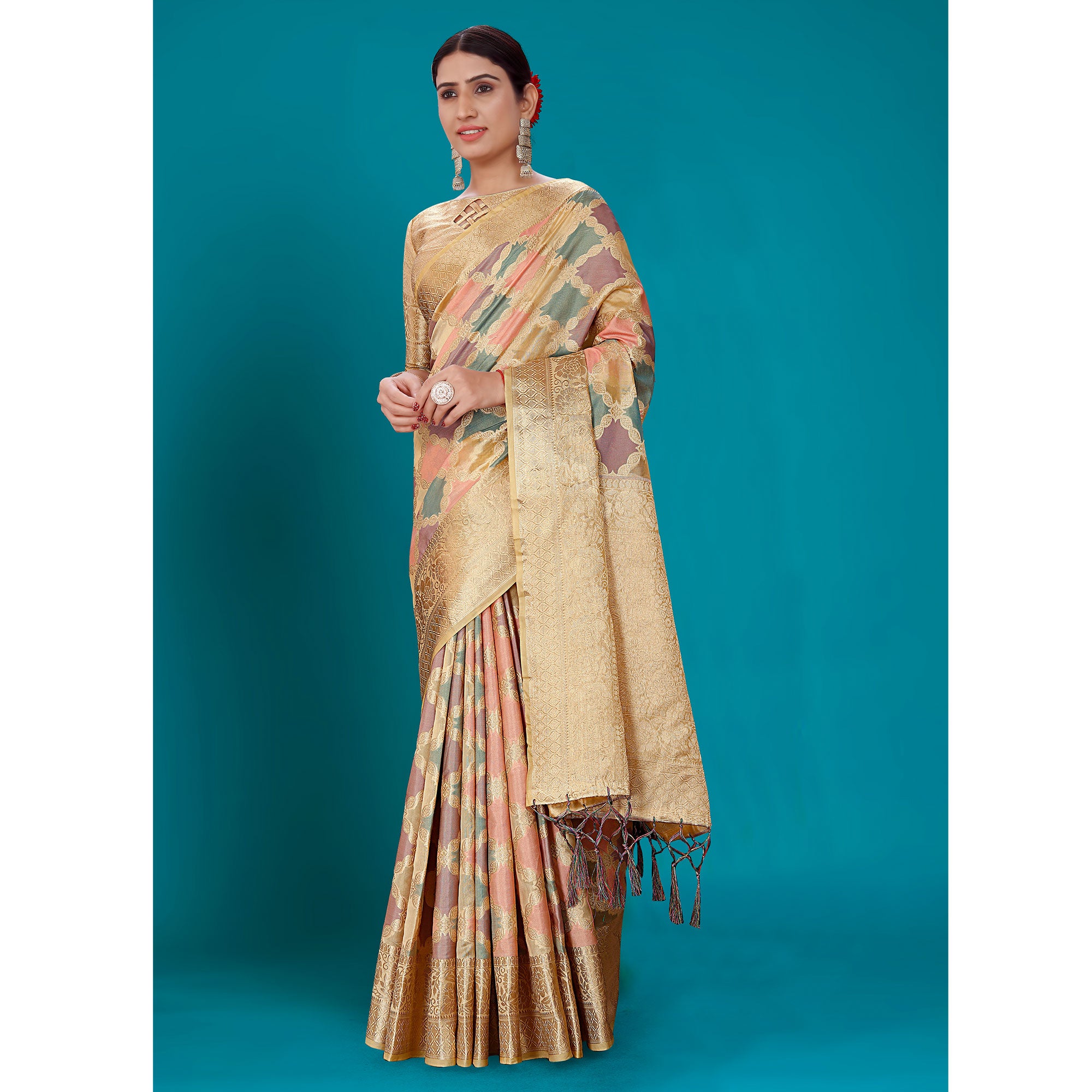 Multicolor Woven Organza Saree With Tassels