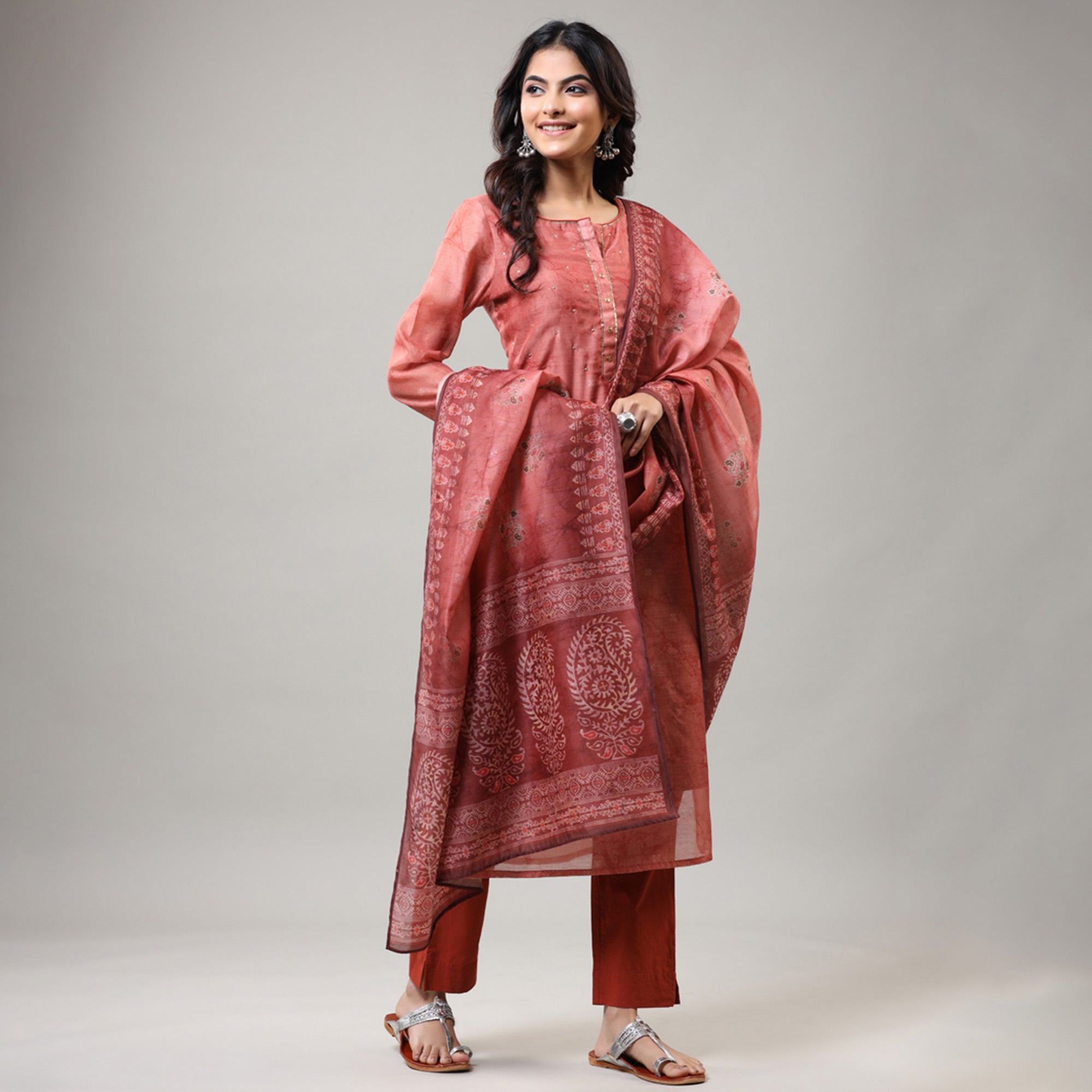 Peach Printed With Sequins Work Chanderi Salwar Suit