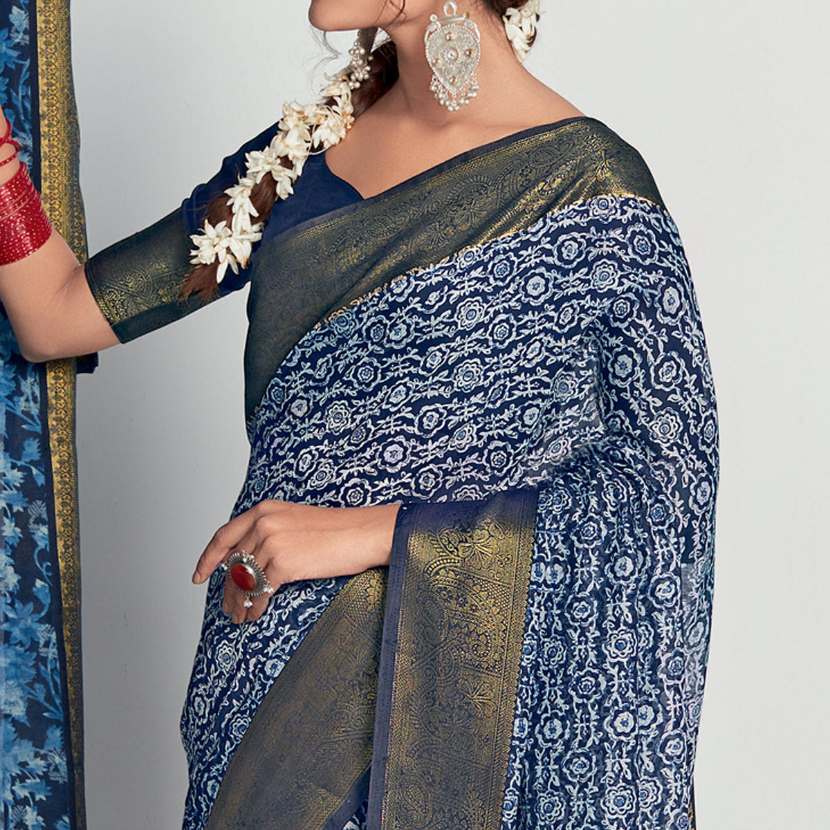 Blue Printed With Woven Border Cotton Blend Saree