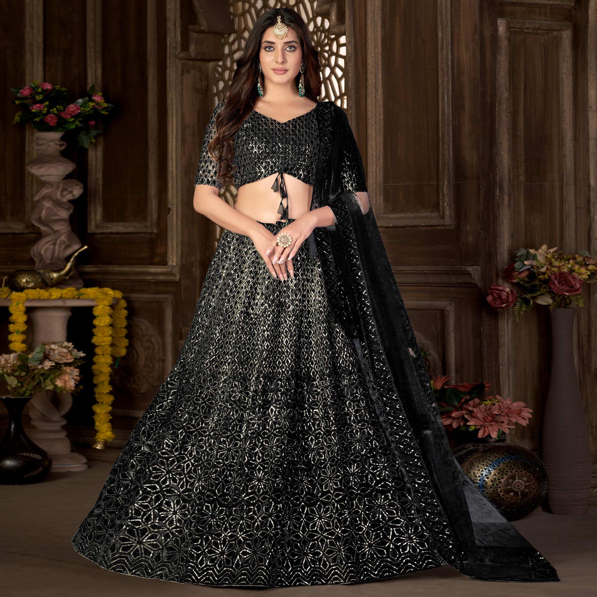 Black Sequins Embroidered Net Lehenga Choli