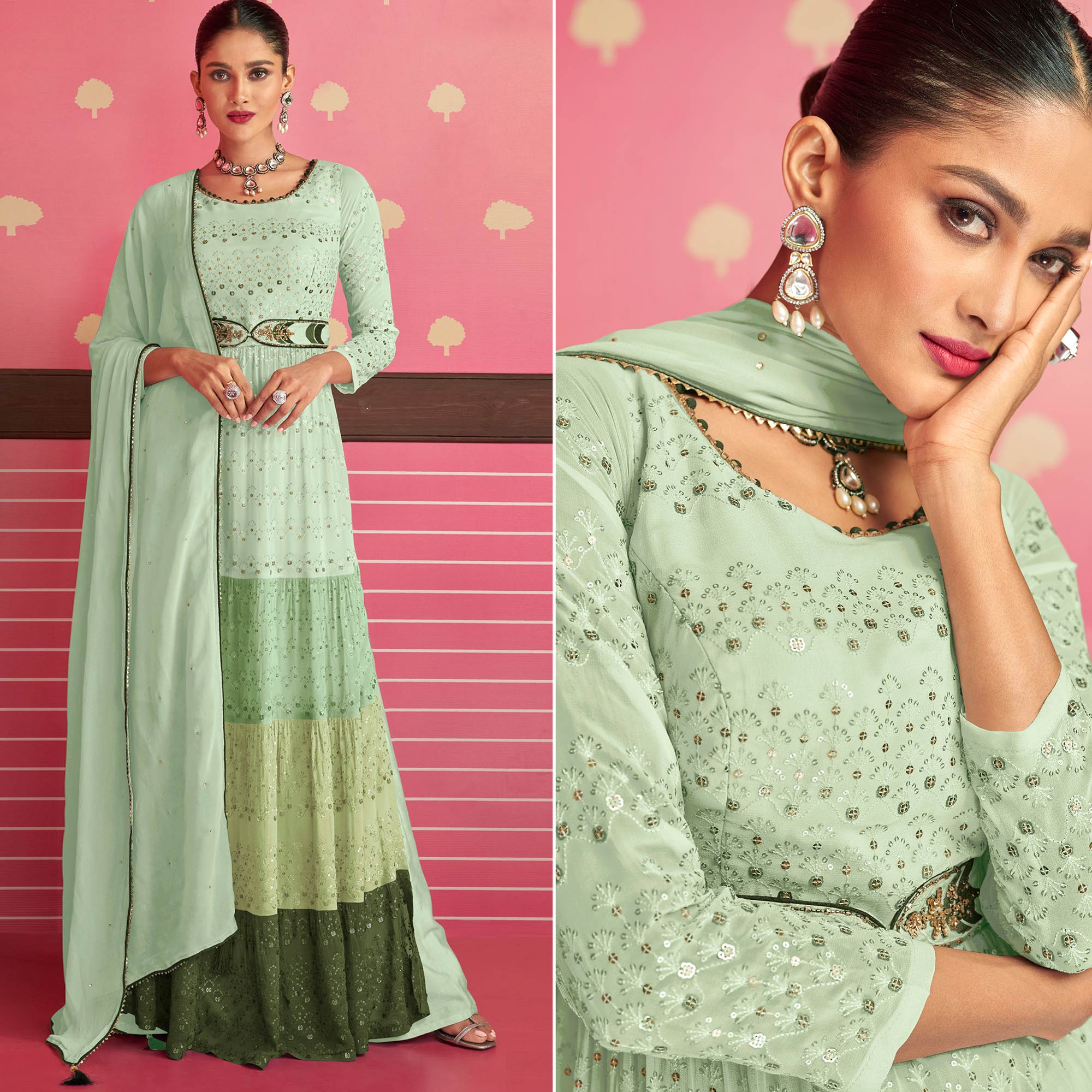 Pista Green Sequins Embroidered Georgette Naira Cut Suit