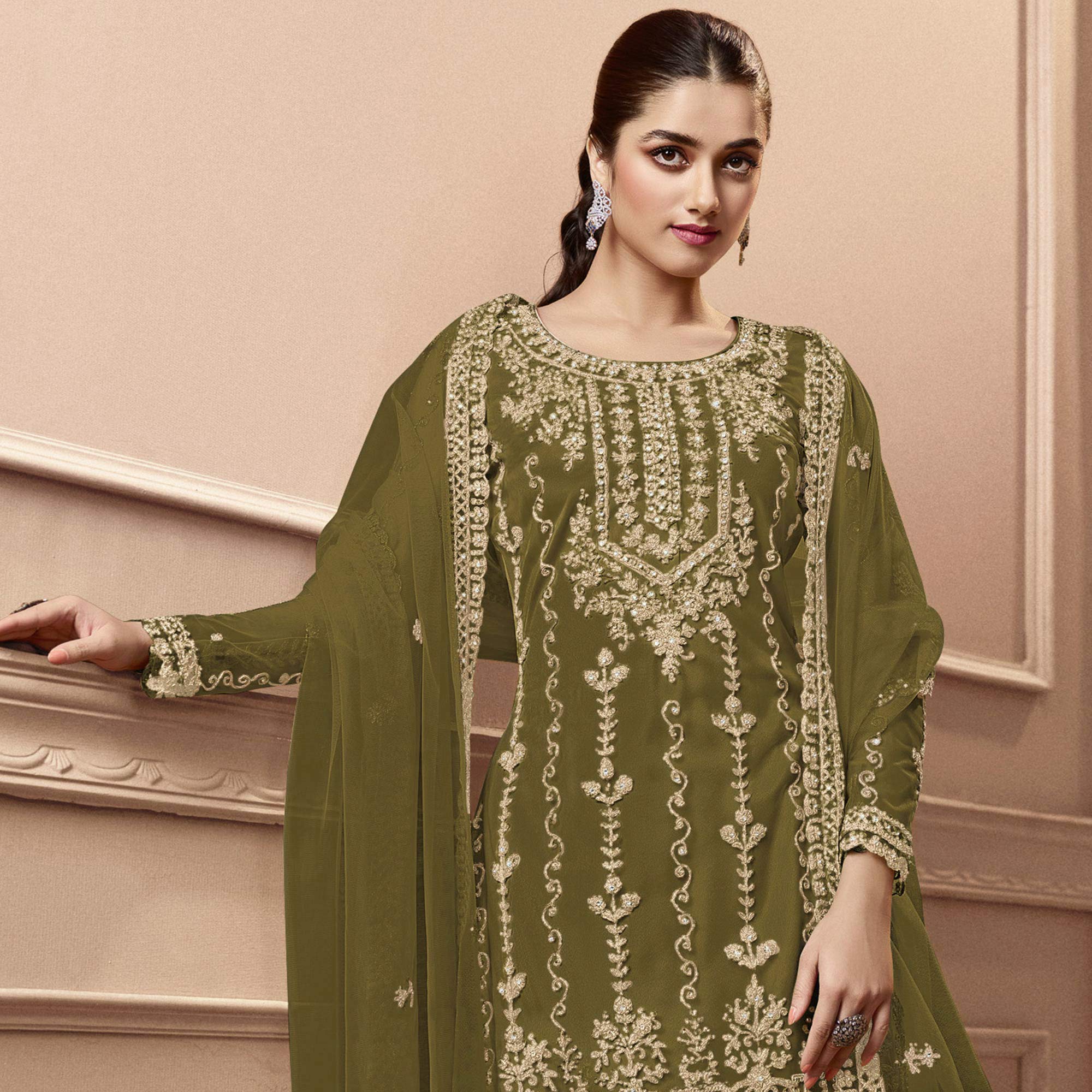 Mahendi Green Floral Embroidered Netted Pakistani Suit