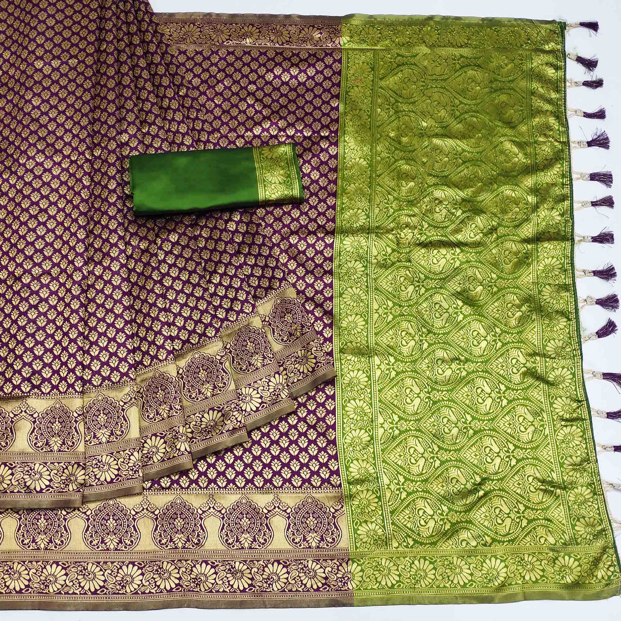 Purple Woven Banarasi Silk Saree With Tassels
