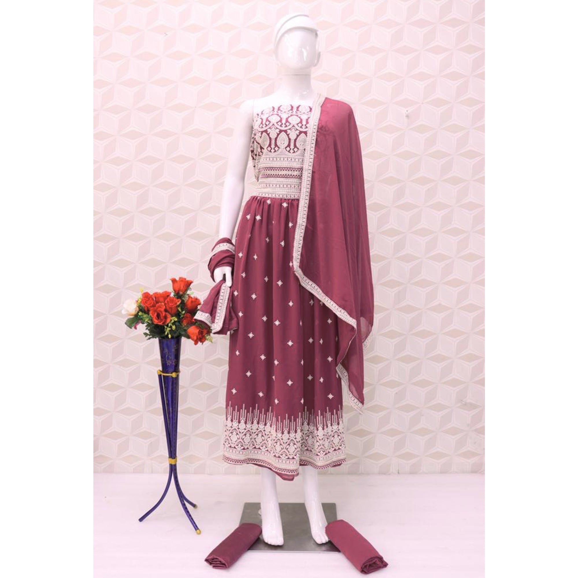 Mauve Embroidered Georgette Naira Cut Semi Stitched Palazzo Suit