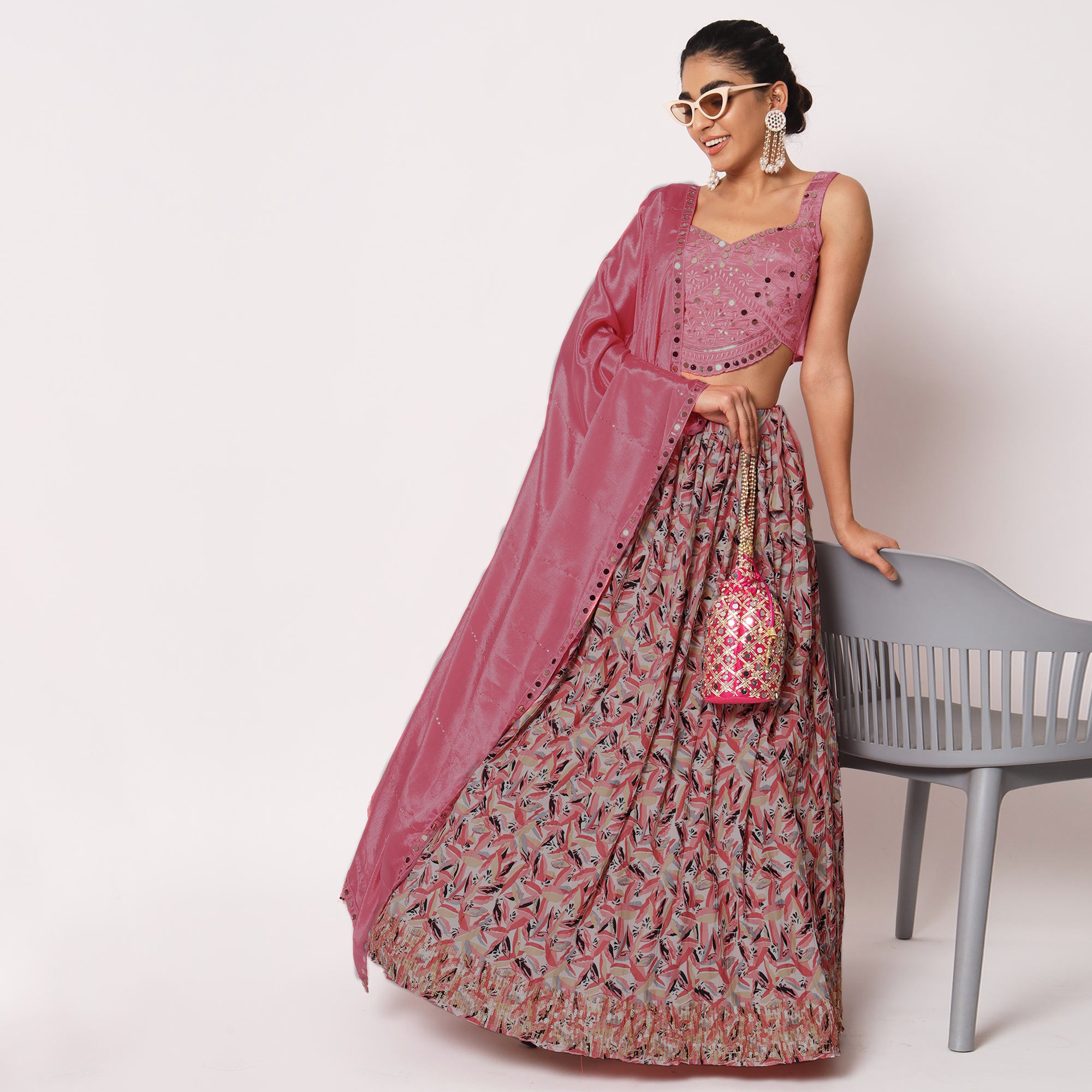 Pink Printed Art Silk Lehenga Choli