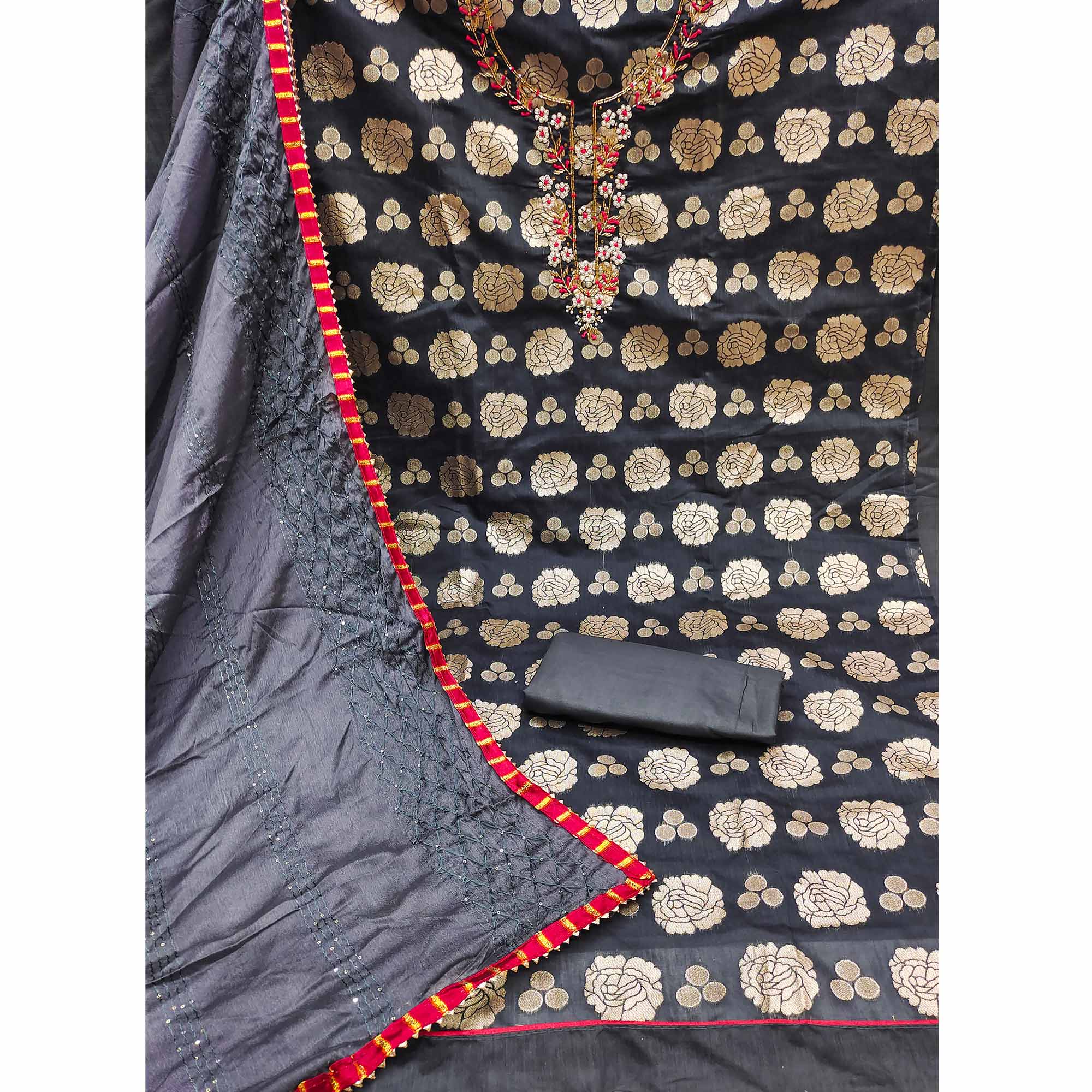 Grey Woven Banarasi Silk Dress Material