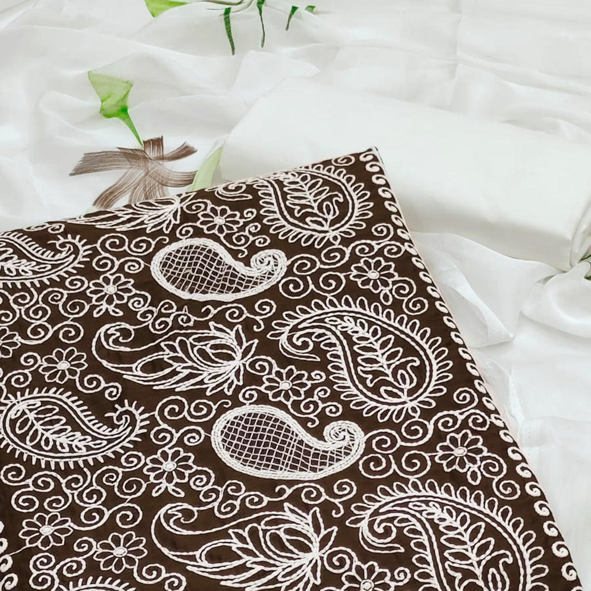 Brown Embroidered Cotton Blend Dress Material