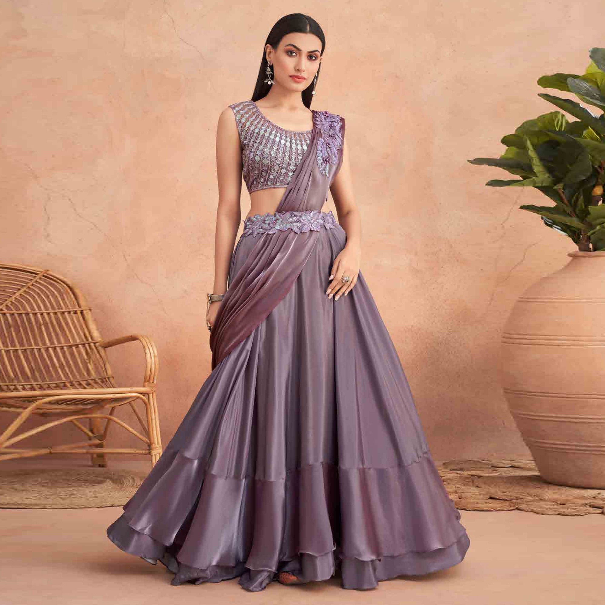 Mauve Sequins Embroidered Ready to Wear Art Silk Saree
