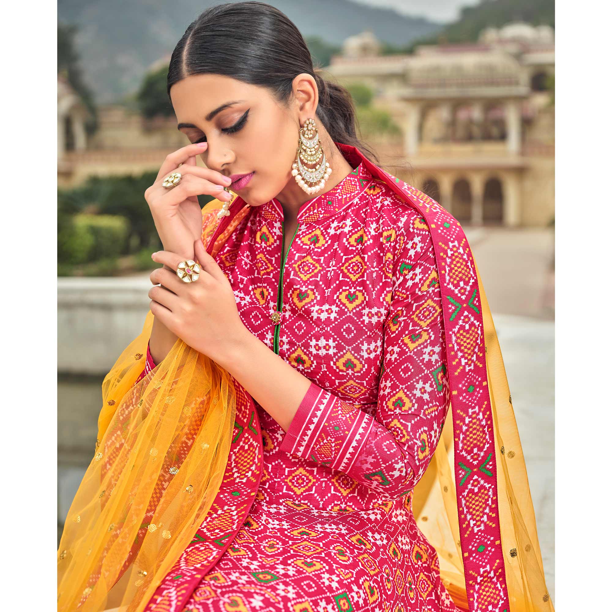 Pink Patola Digital Printed Dola Silk Gown