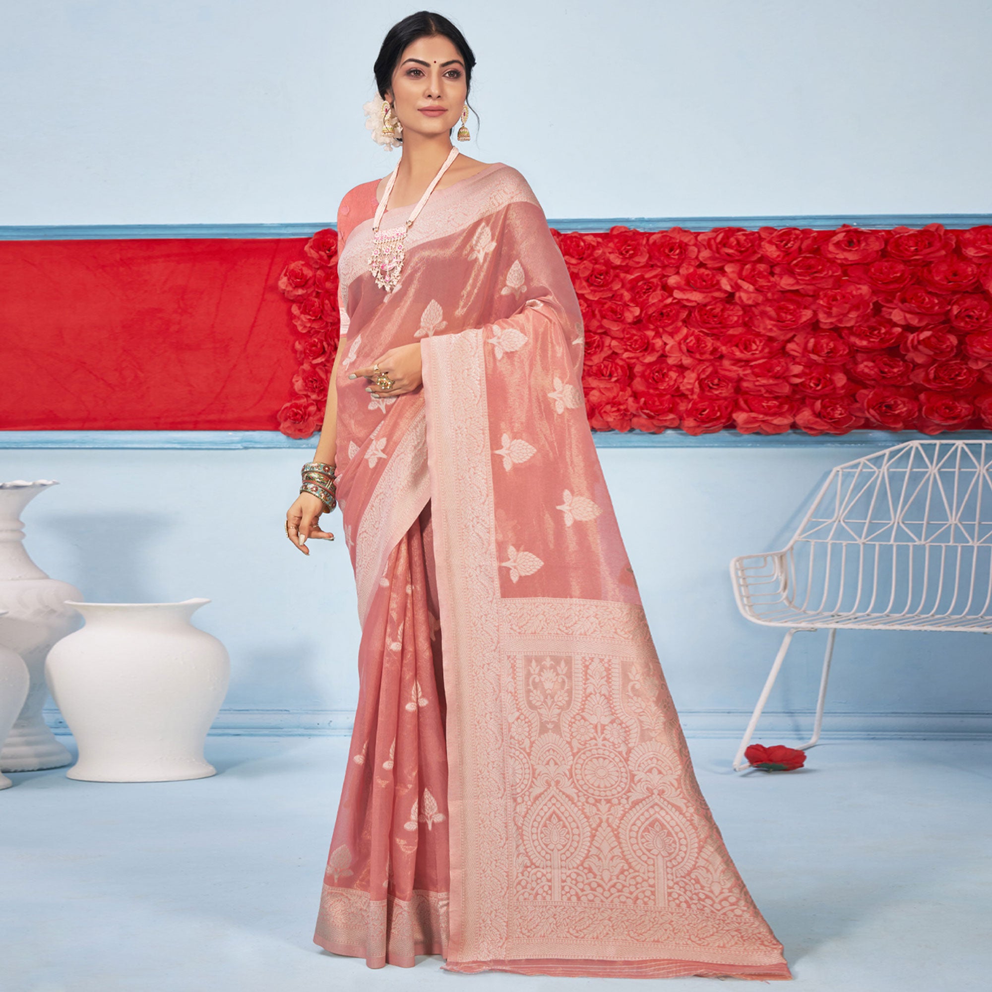 Peach Woven Cotton Blend Saree