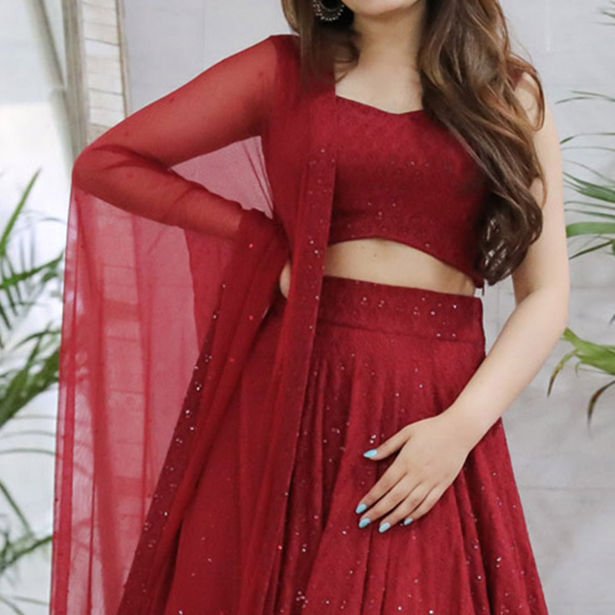 Red Lucknowi With Sequins Work Rayon Lehenga Choli