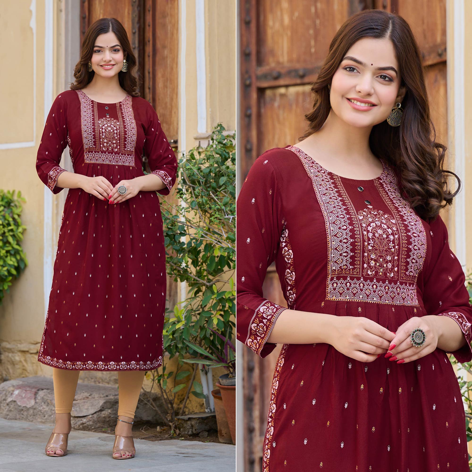 Maroon Printed Rayon Naira Cut Kurti