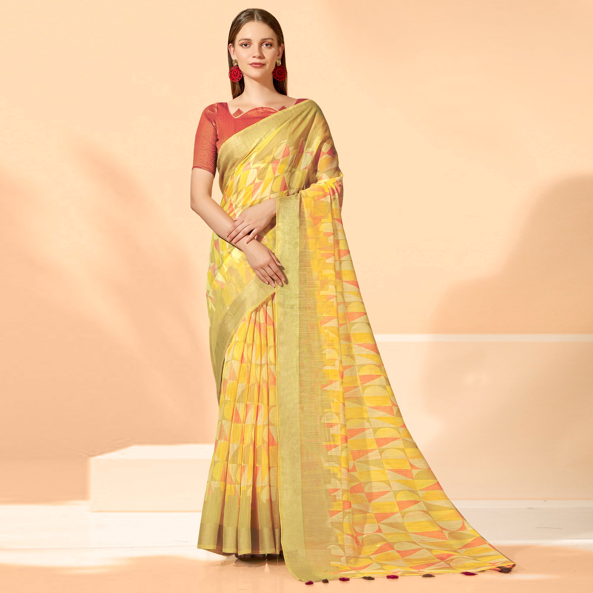 Yellow Printed Cotton Silk Saree With Tassels