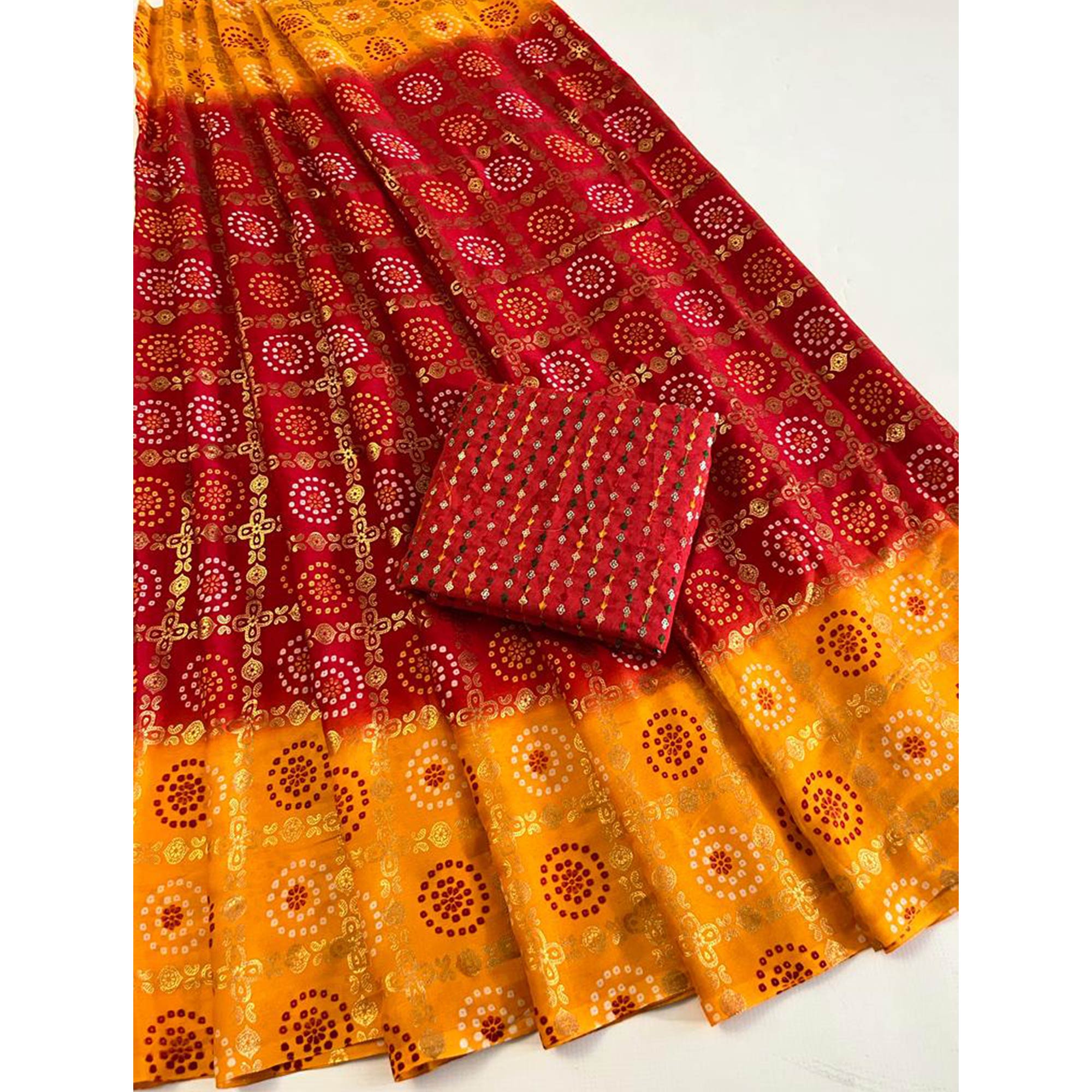 Red Bandhani And Foil Printed Georgette Saree