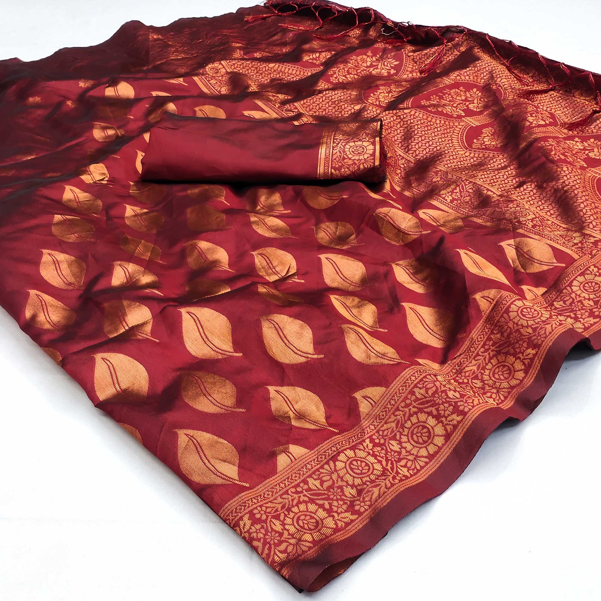 Maroon Woven Art Silk Saree With Tassels