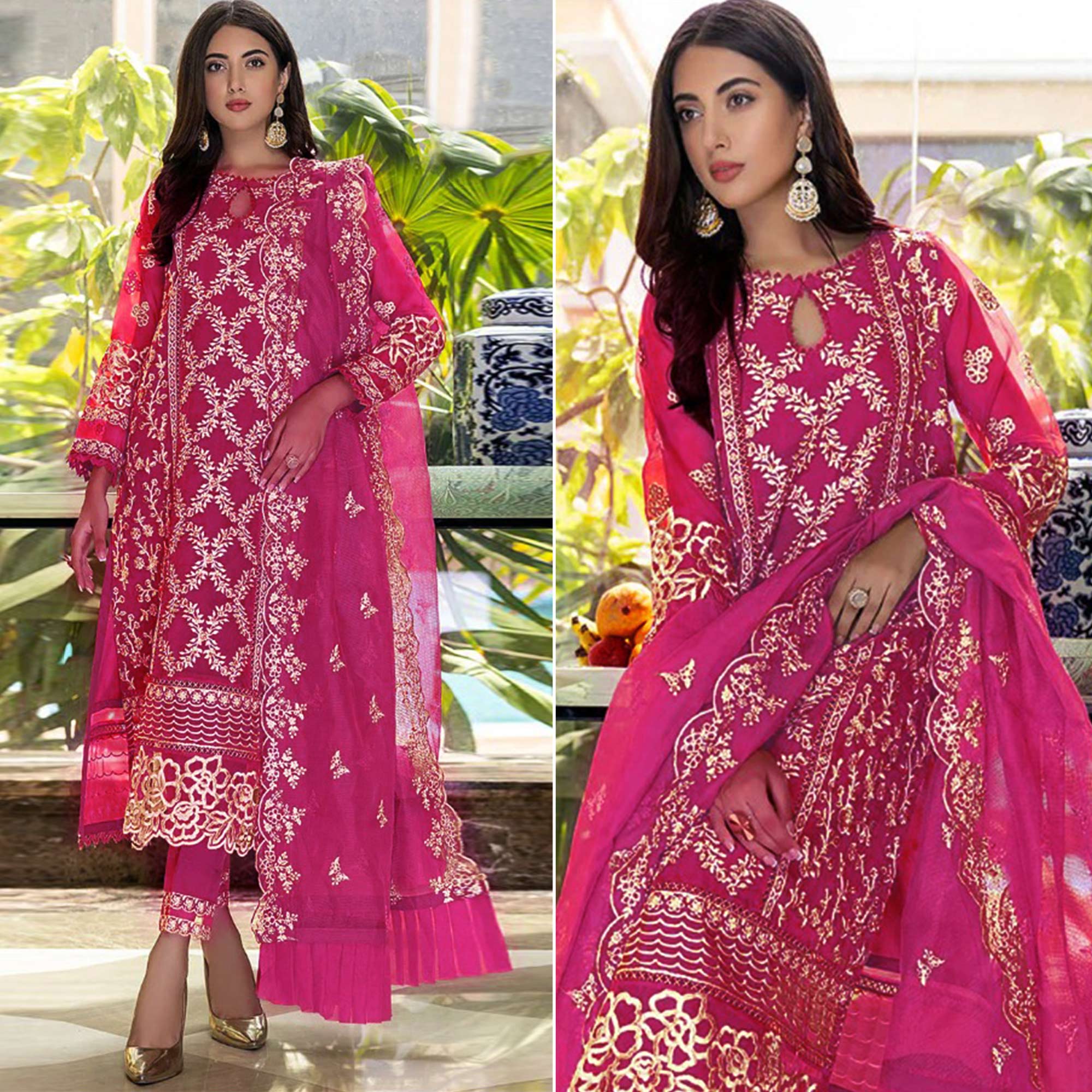 Rose Pink Floral Embroidered Georgette Salwar Suit