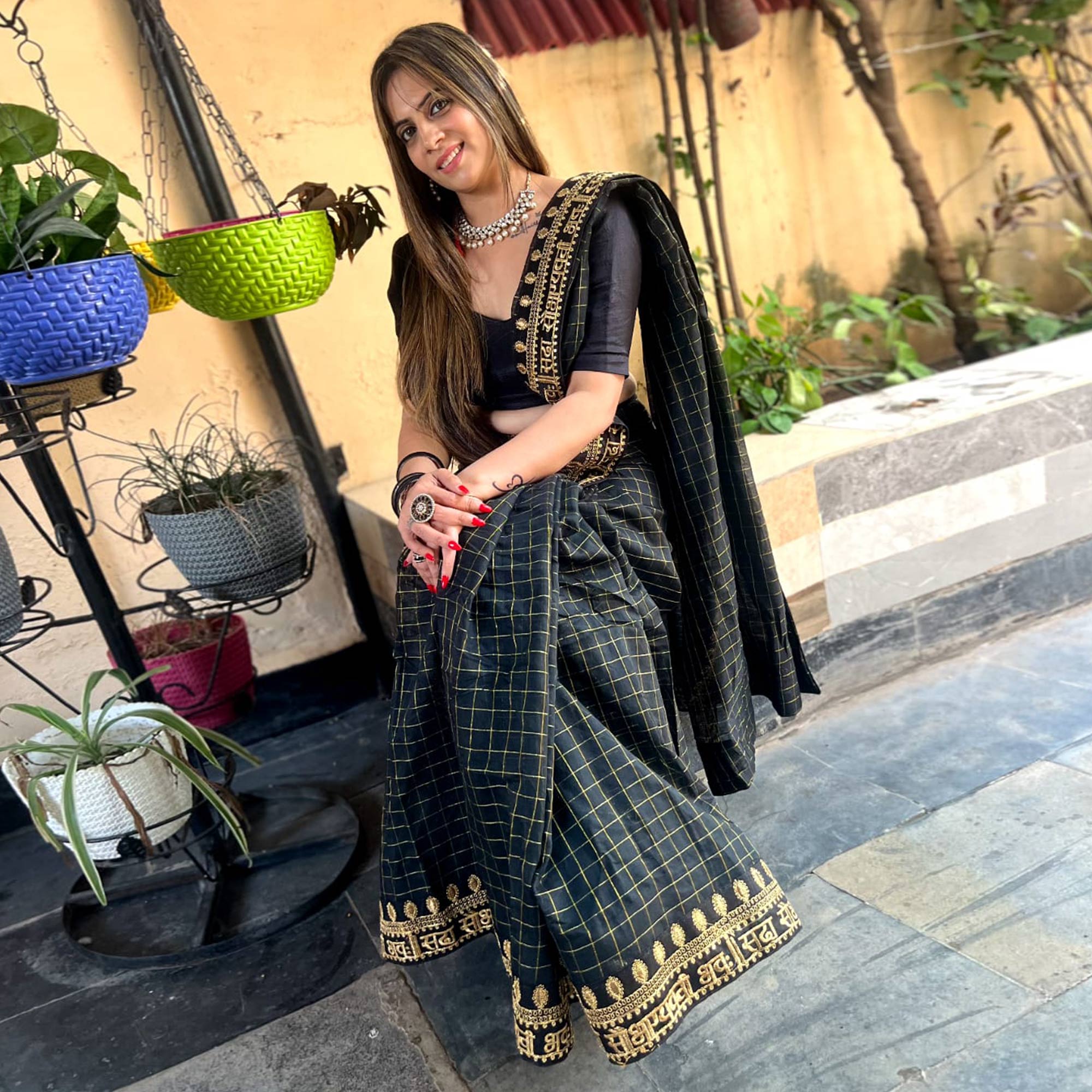 Black Checks With Embroidered Border Modal Saree