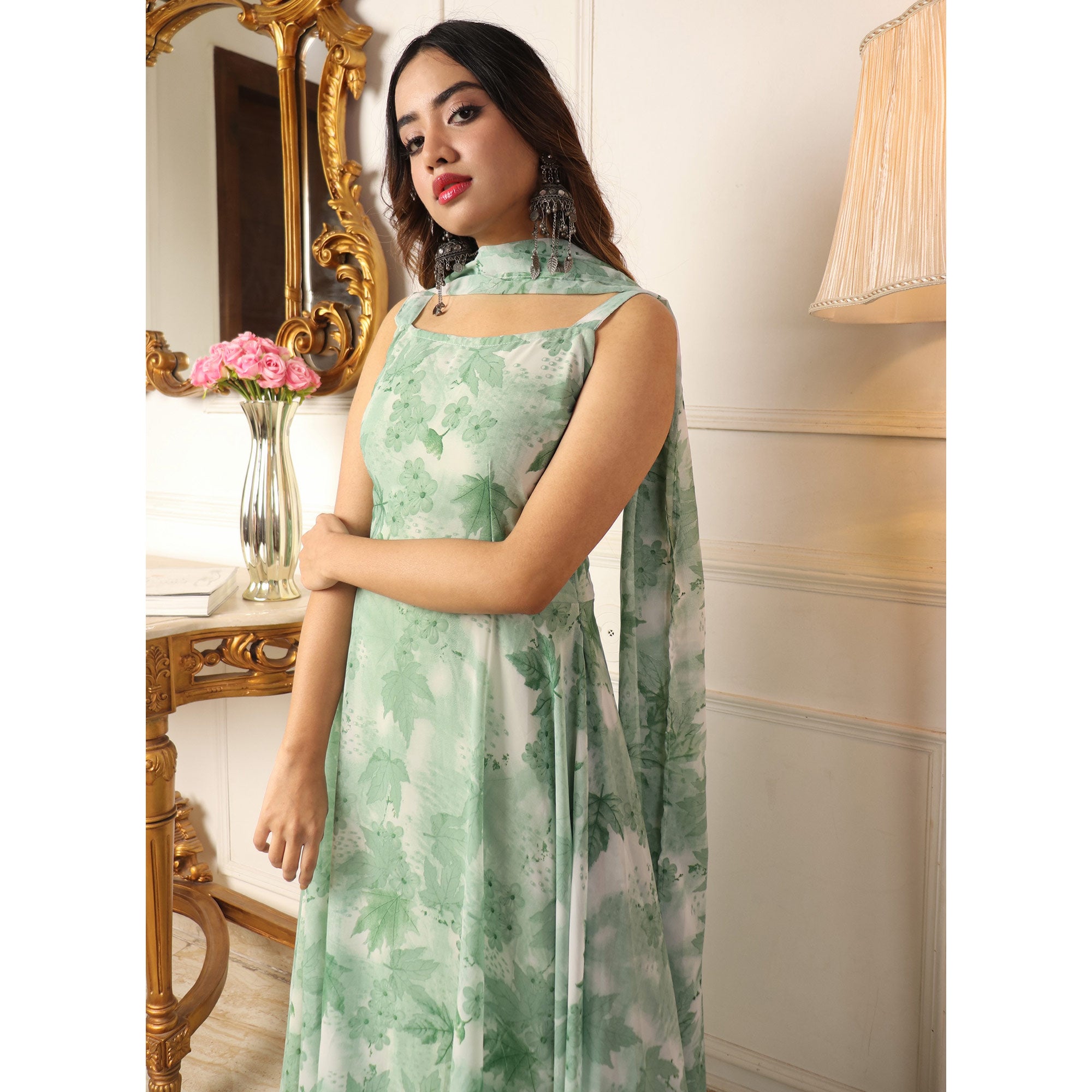 Green Floral Printed Georgette Anarkali Suit