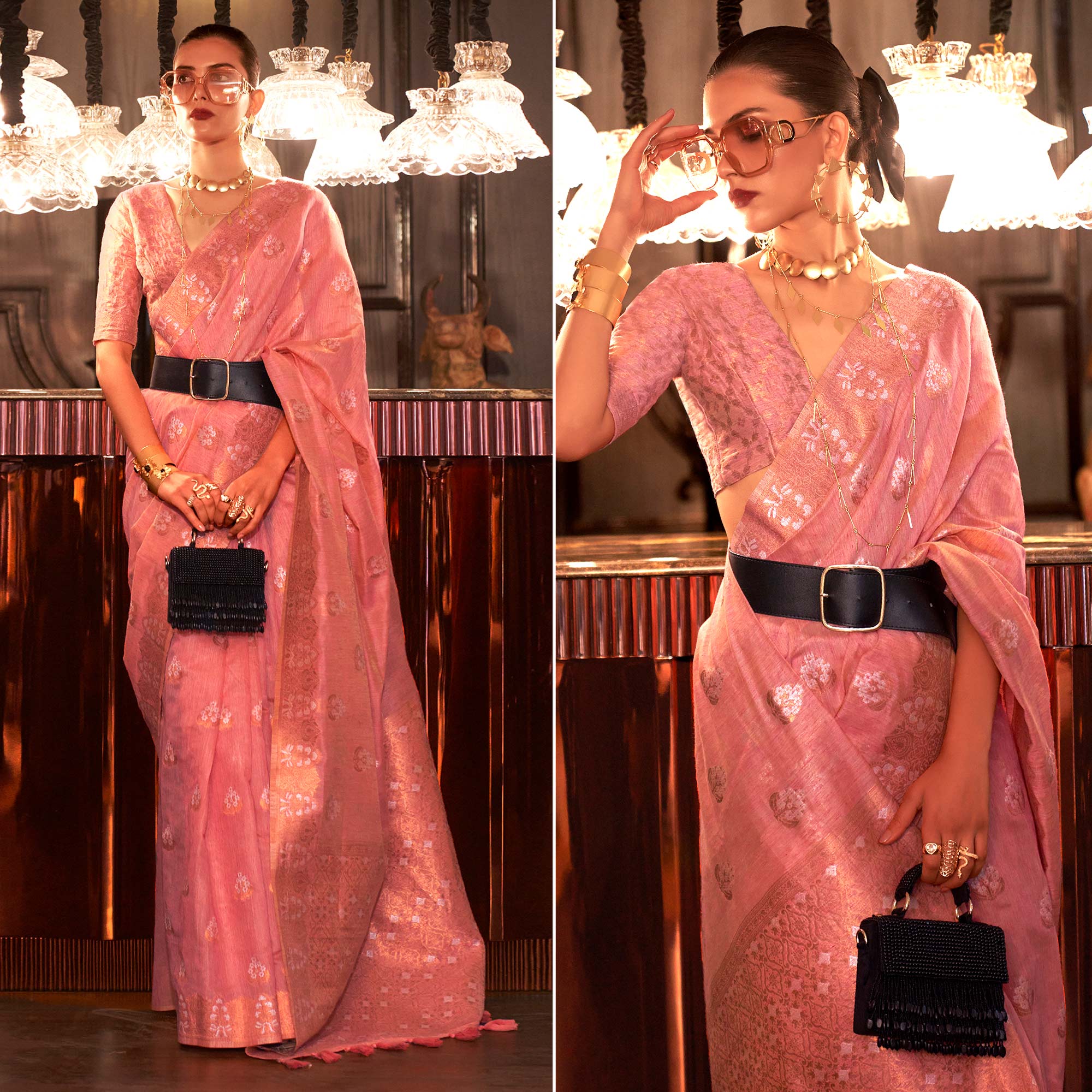 Salmon Pink Woven Linen Saree With Tassels